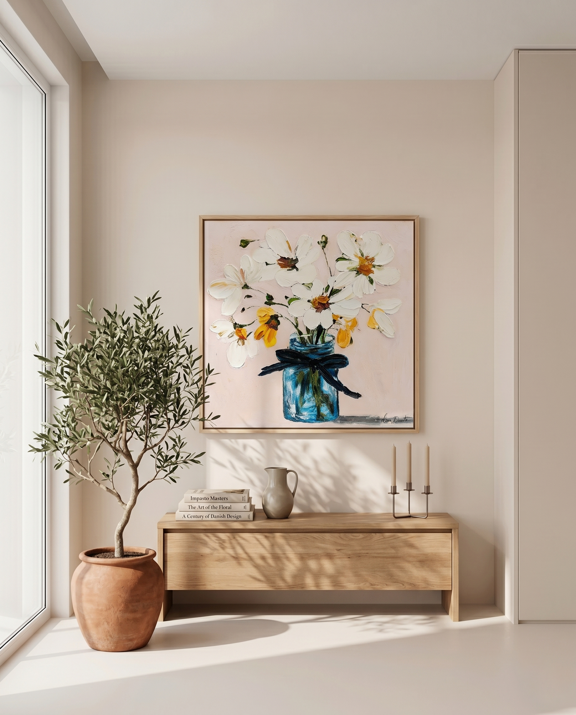 Azure Serenity | Elena Duarte Original Impasto Floral Oil Painting - White Flowers in Blue Vase