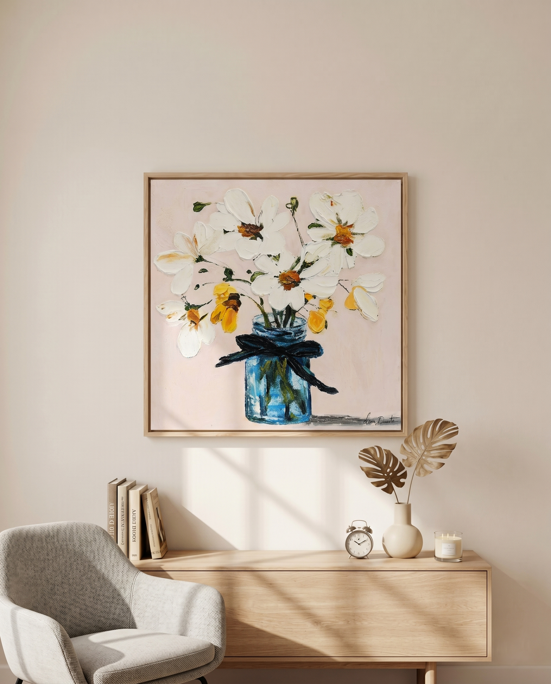 Azure Serenity | Elena Duarte Original Impasto Floral Oil Painting - White Flowers in Blue Vase