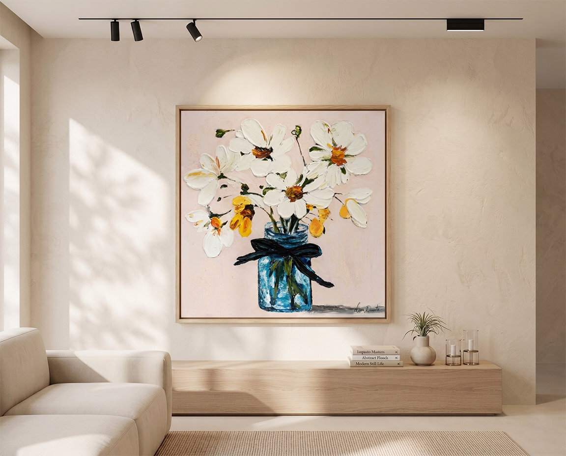Azure Serenity | Elena Duarte Original Impasto Floral Oil Painting - White Flowers in Blue Vase