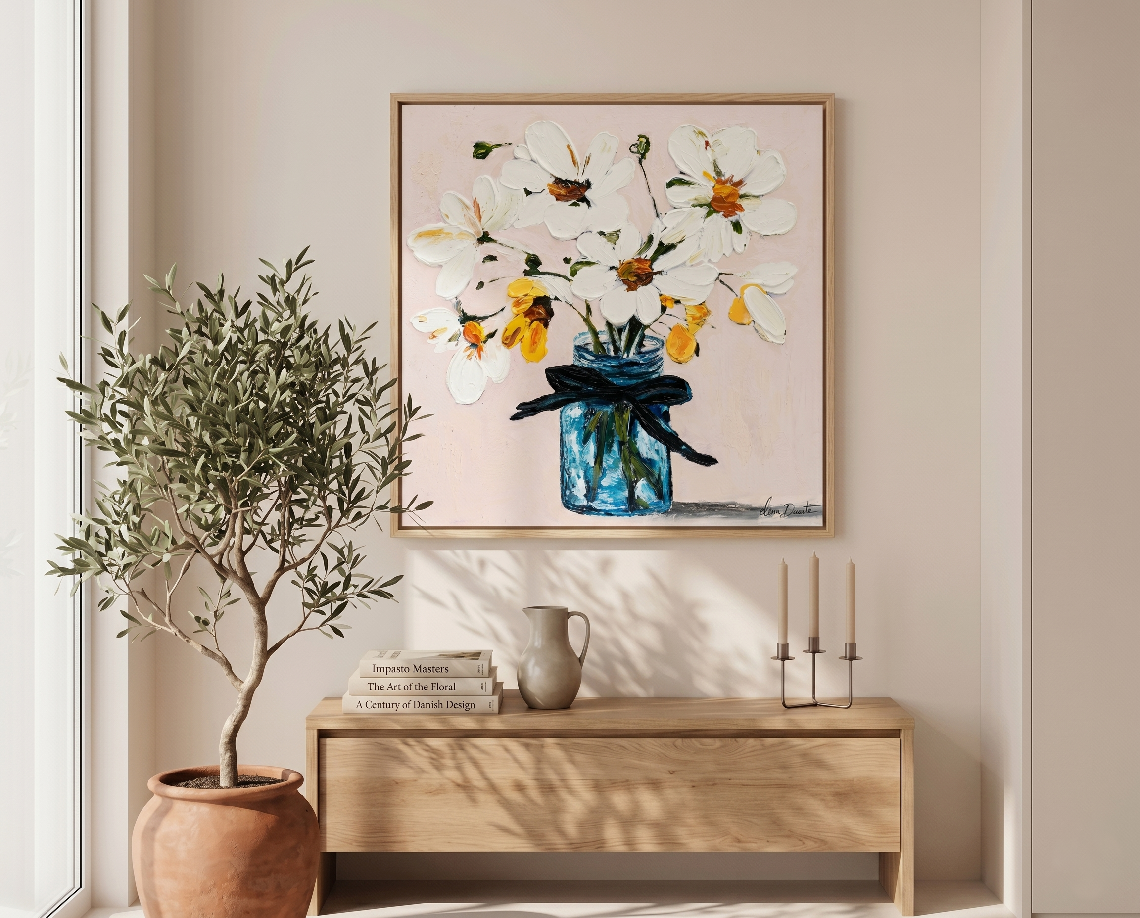 Azure Serenity | Elena Duarte Original Impasto Floral Oil Painting - White Flowers in Blue Vase
