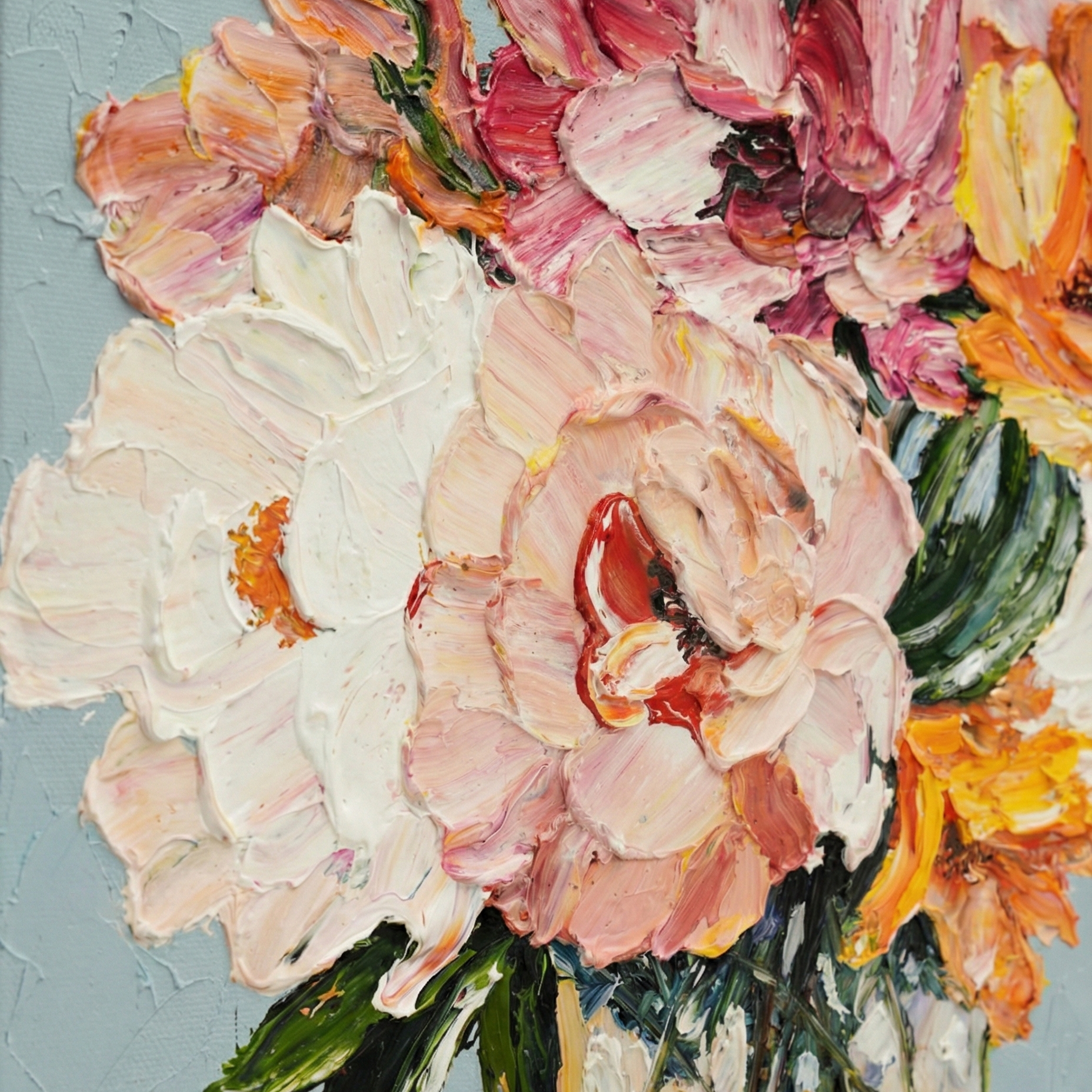 Close-up of sculptural palette knife oil paint texture on Elena Duarte art