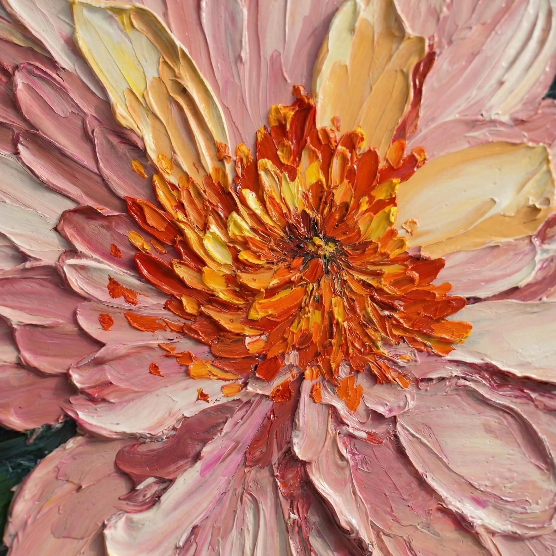 Close-up detail of impasto palette knife texture on Elena Duarte oil painting