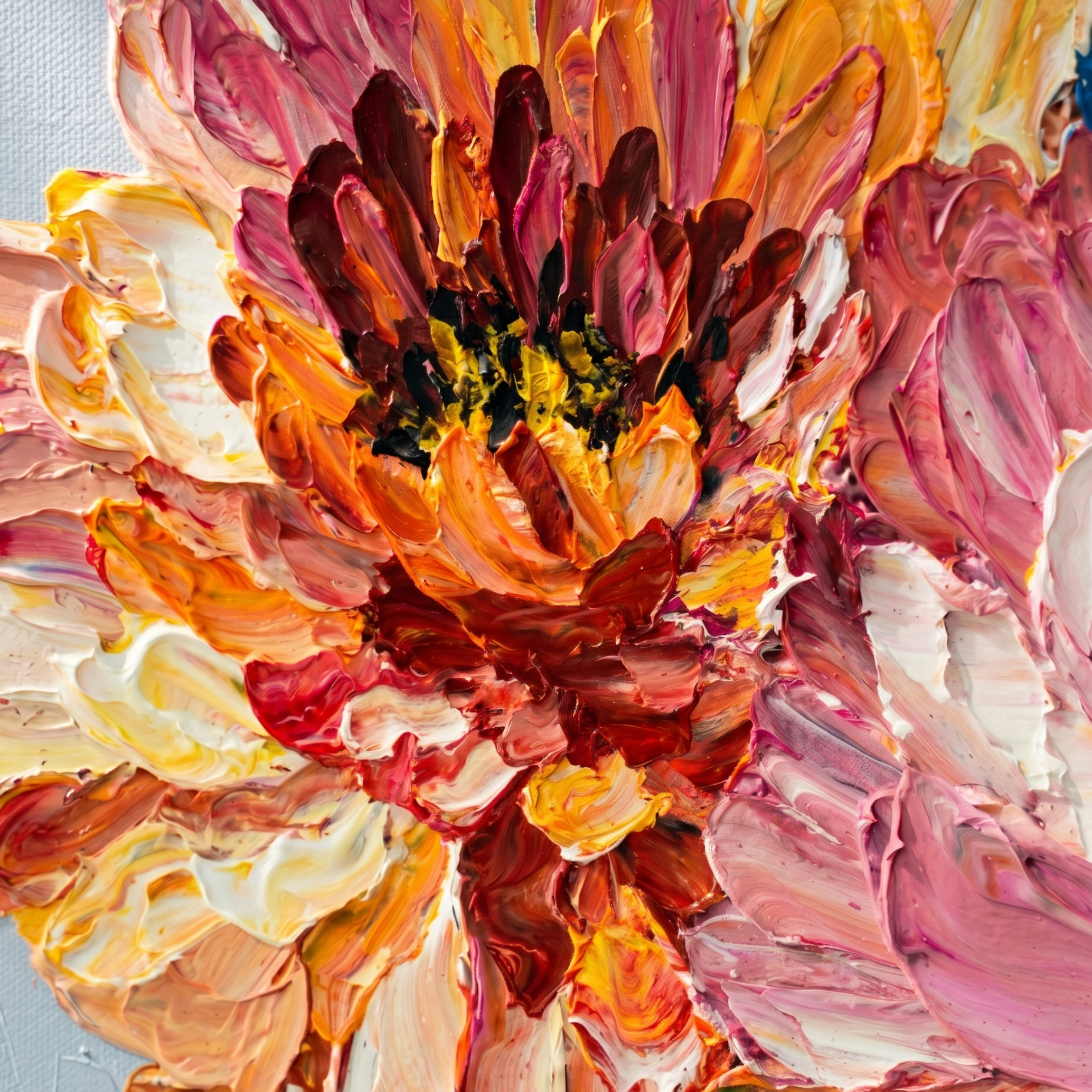Heavy texture palette knife oil painting of two large flowers 100x100cm