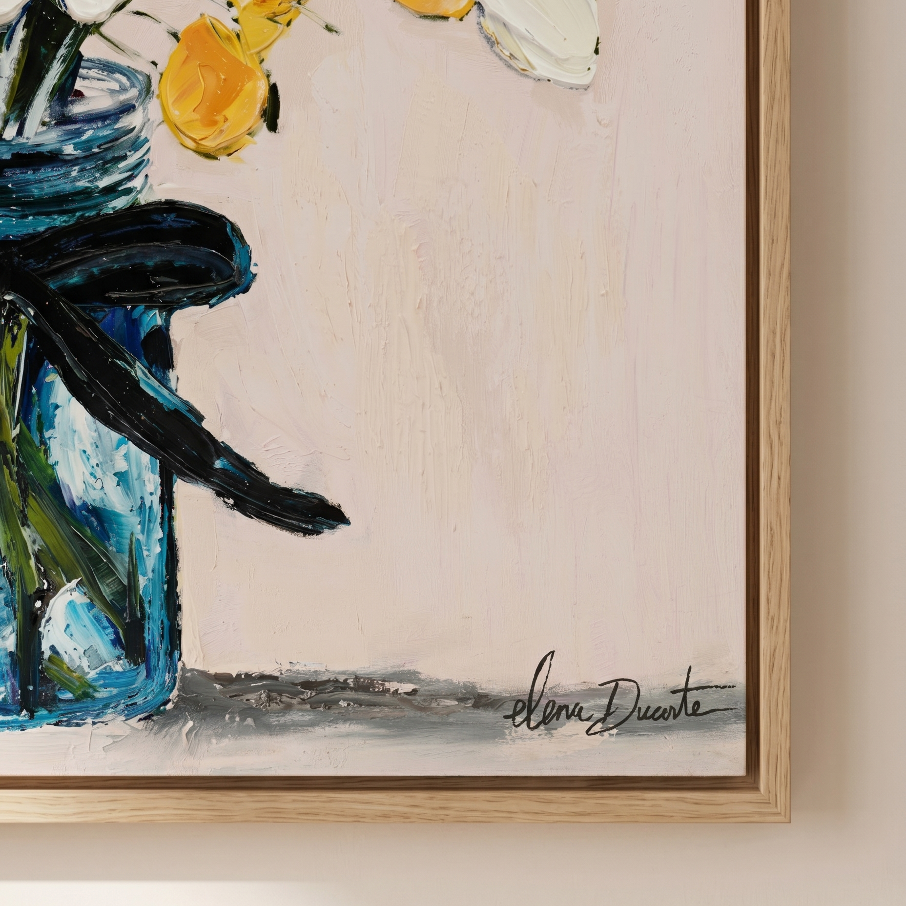 Azure Serenity | Elena Duarte Original Impasto Floral Oil Painting - White Flowers in Blue Vase