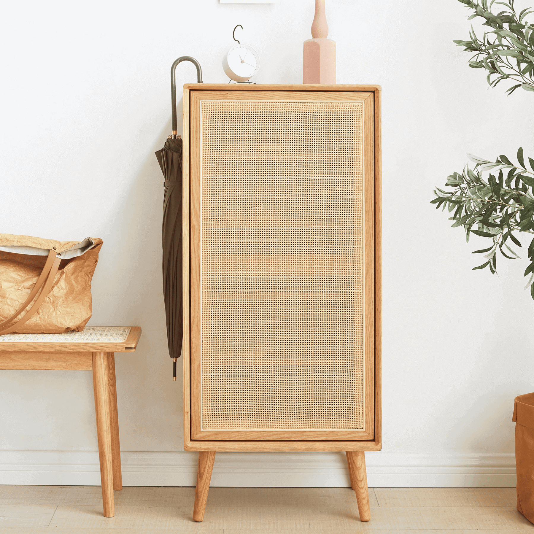 Reine Solid Oak Wood and Rattan Shoe Cabinet