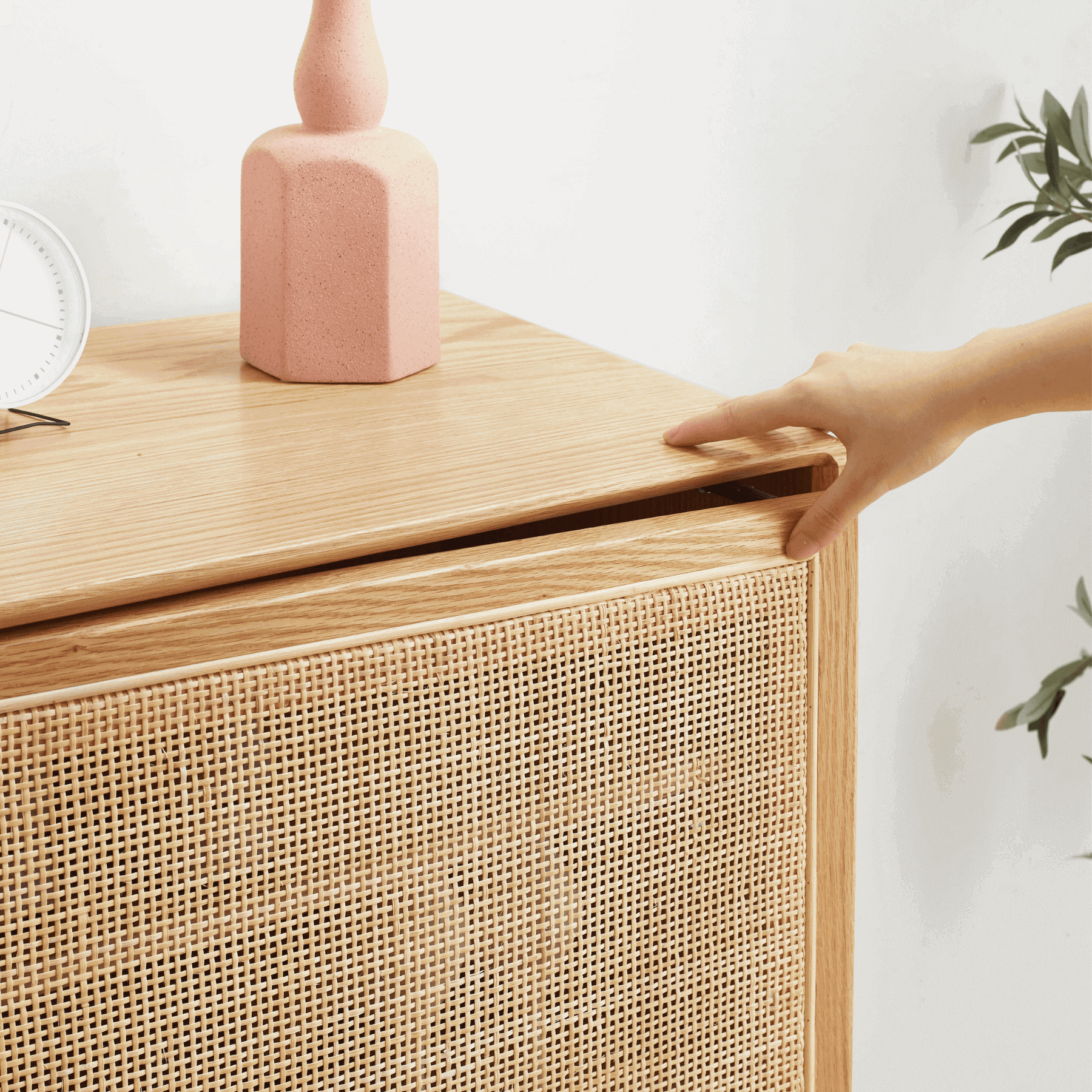 Reine Solid Oak Wood and Rattan Shoe Cabinet