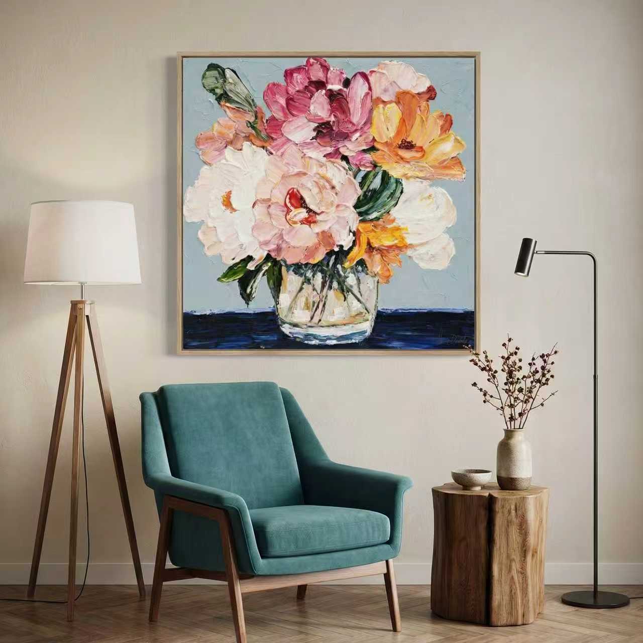 Modern living room design featuring Elena Duarte Quiet Arrangement 100x100cm painting