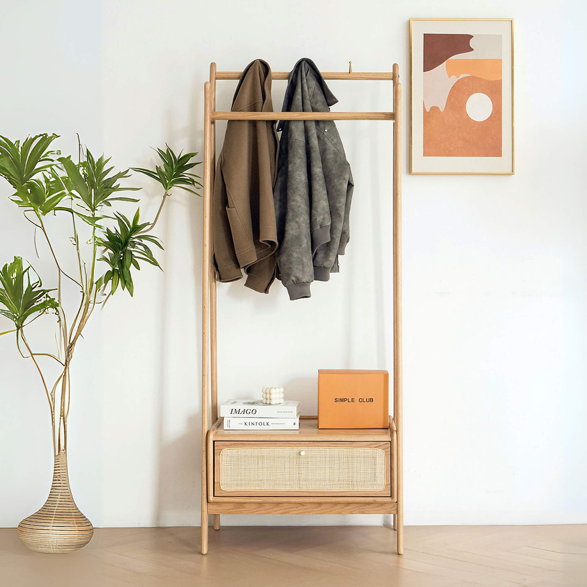 Farsund Solid Oak Garment Stand with Rattan Drawer