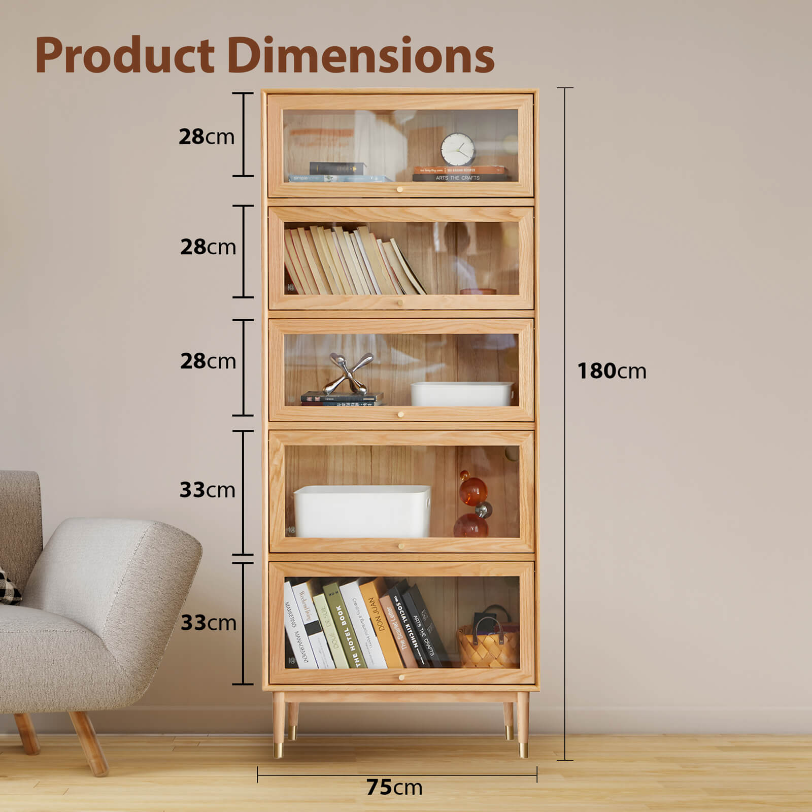 Andaen 5 Shelf Solid Oak Wood Display Cabinet