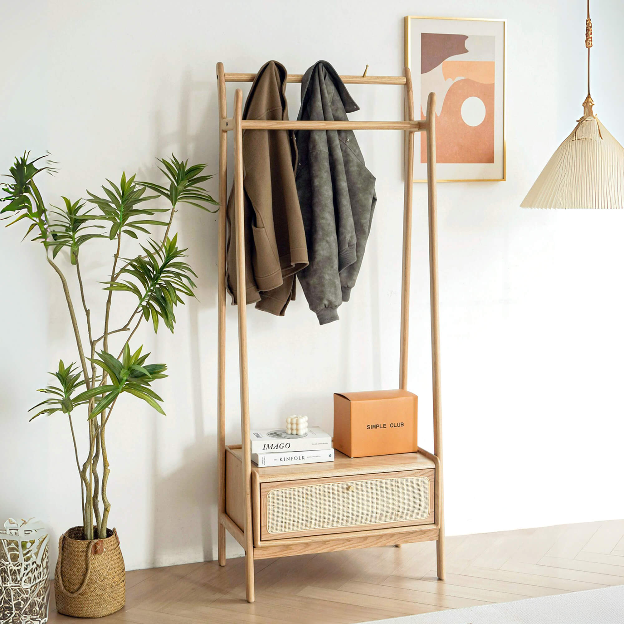 Farsund Solid Oak Garment Stand with Rattan Drawer
