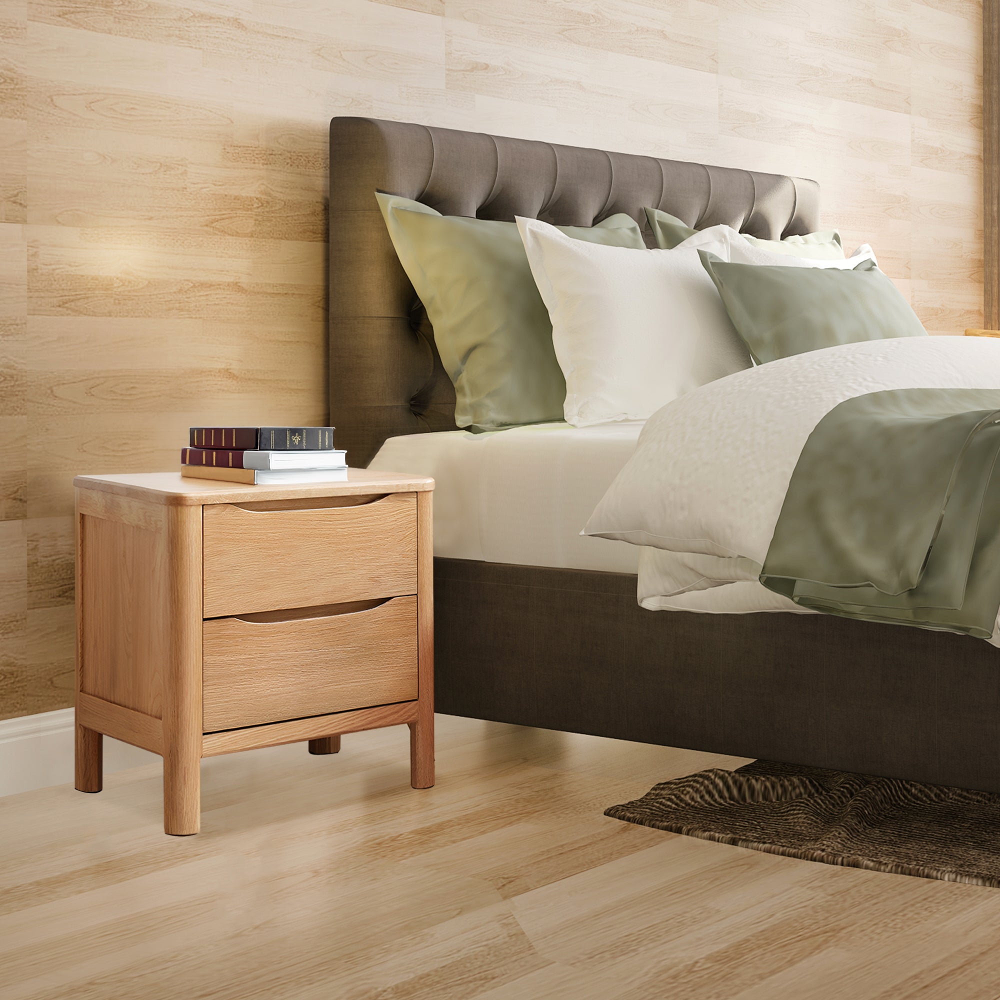 Set of 2 Niva Solid Oak Wood Bedside Table 2 Drawers