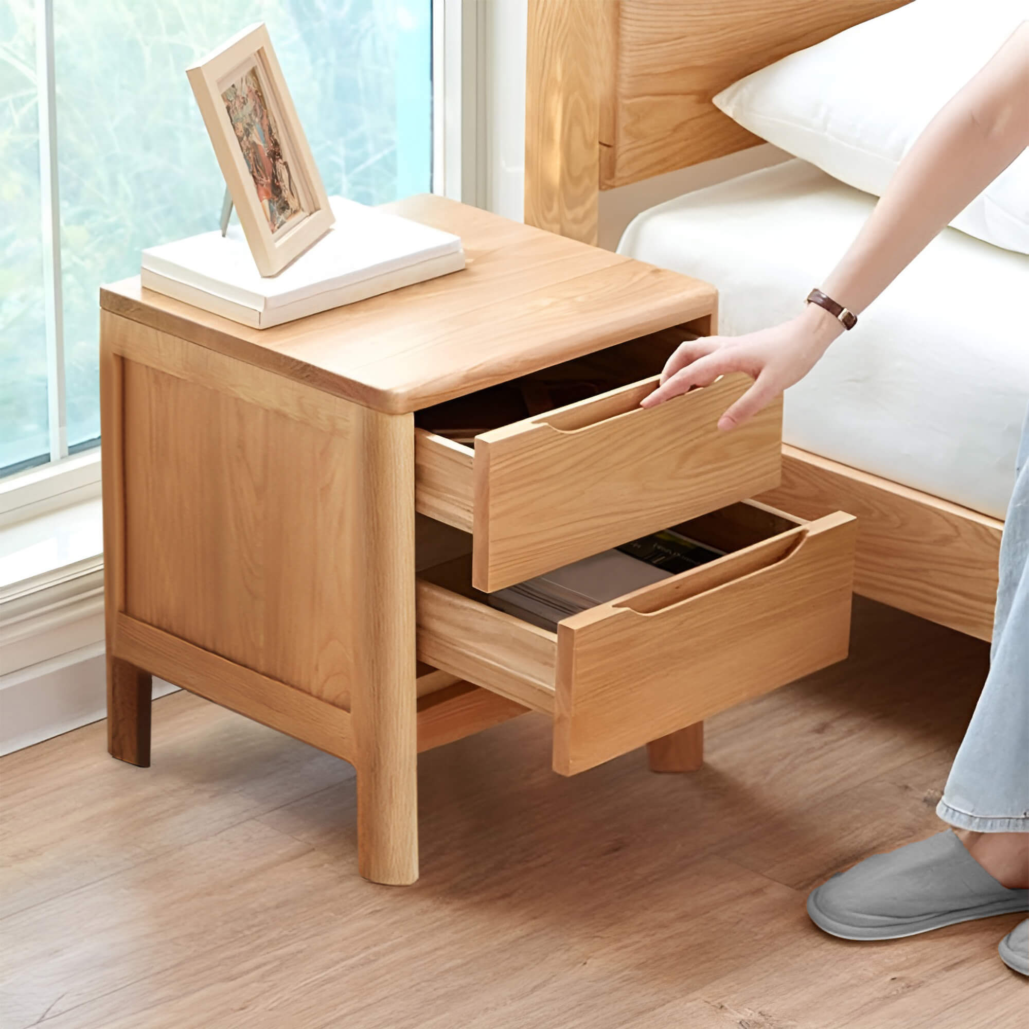 Niva Solid Oak Wood Bedside Table 2 Drawers