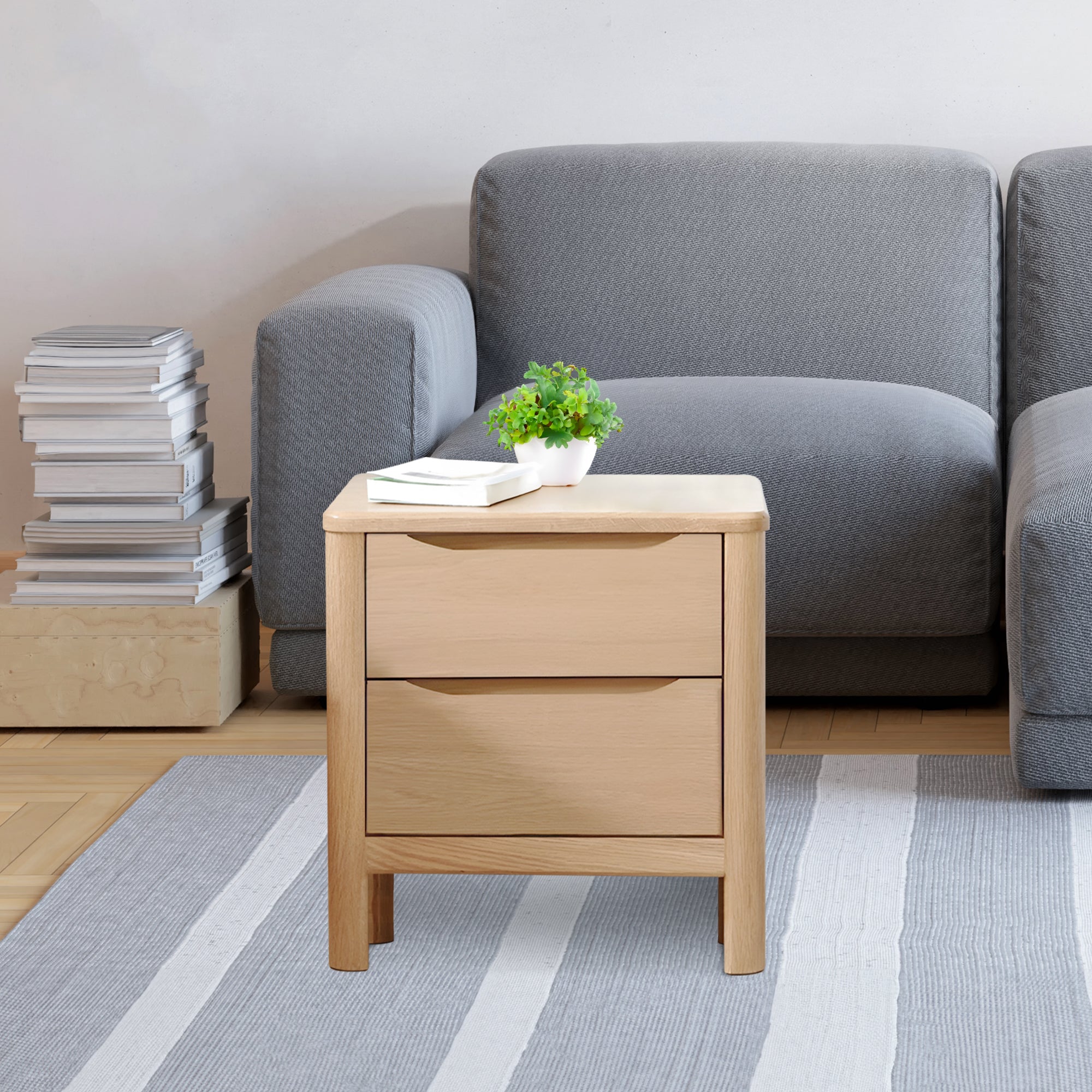 Set of 2 Niva Solid Oak Wood Bedside Table 2 Drawers