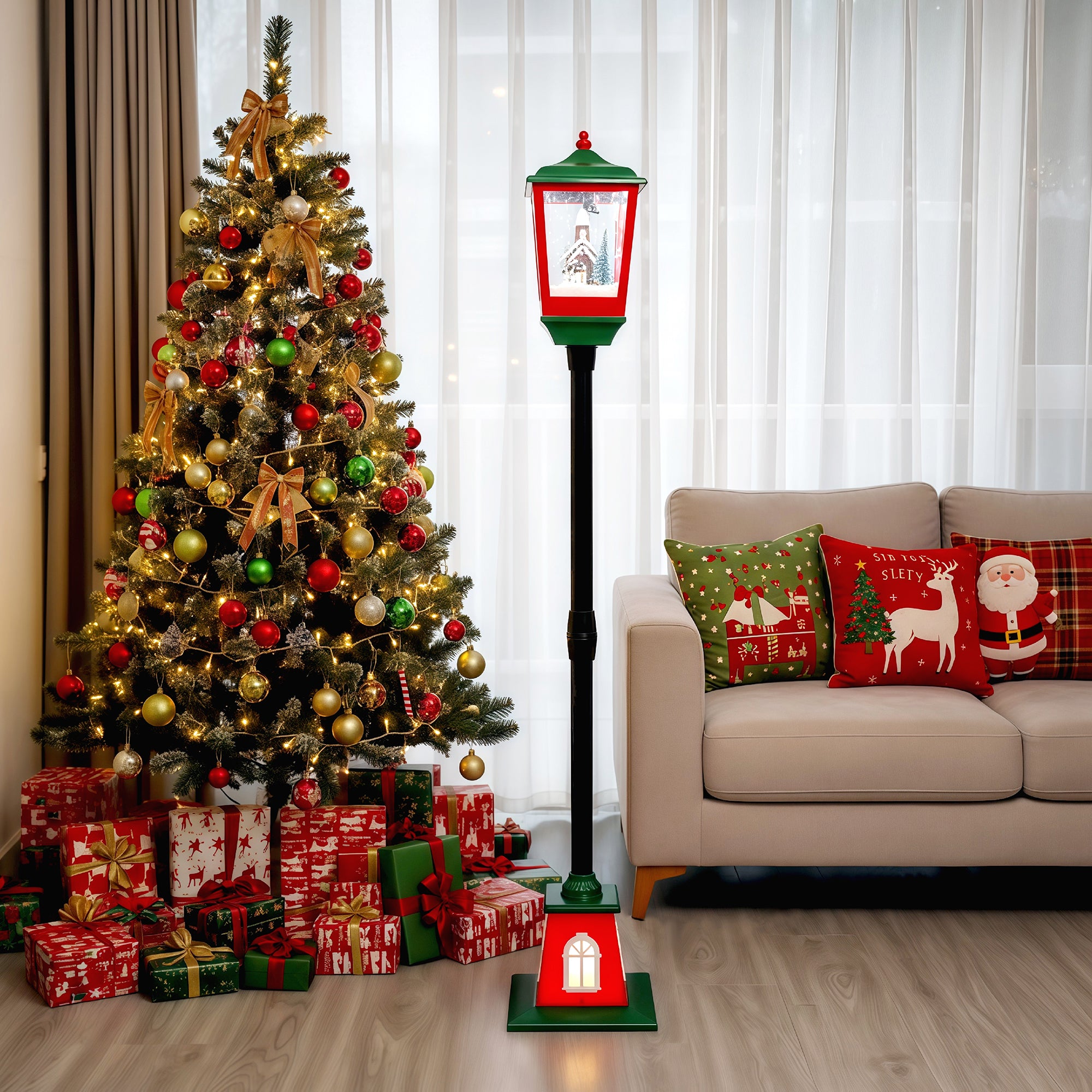 entryway or living room with green holiday lamp