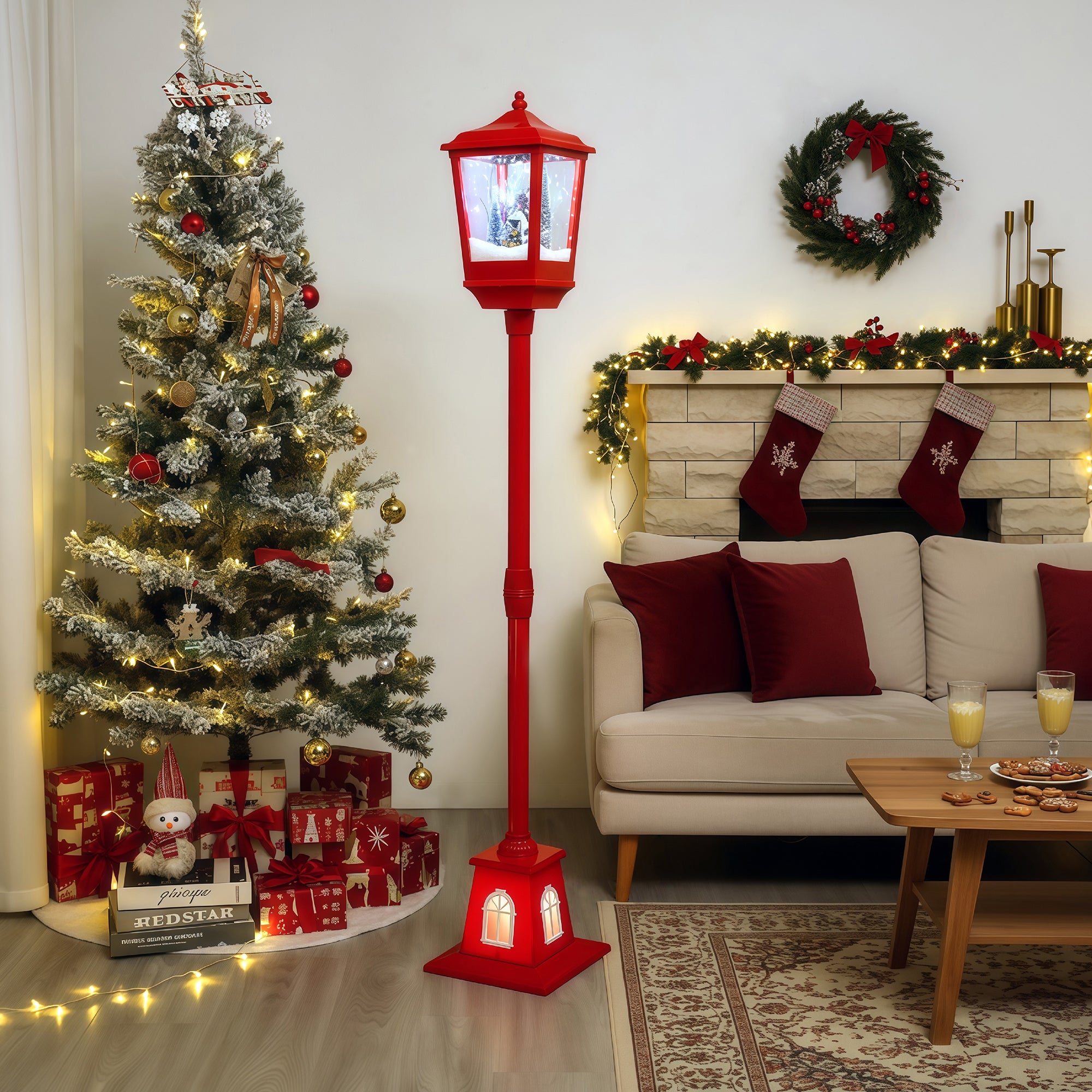 festive indoor hallway with Christmas lamp post