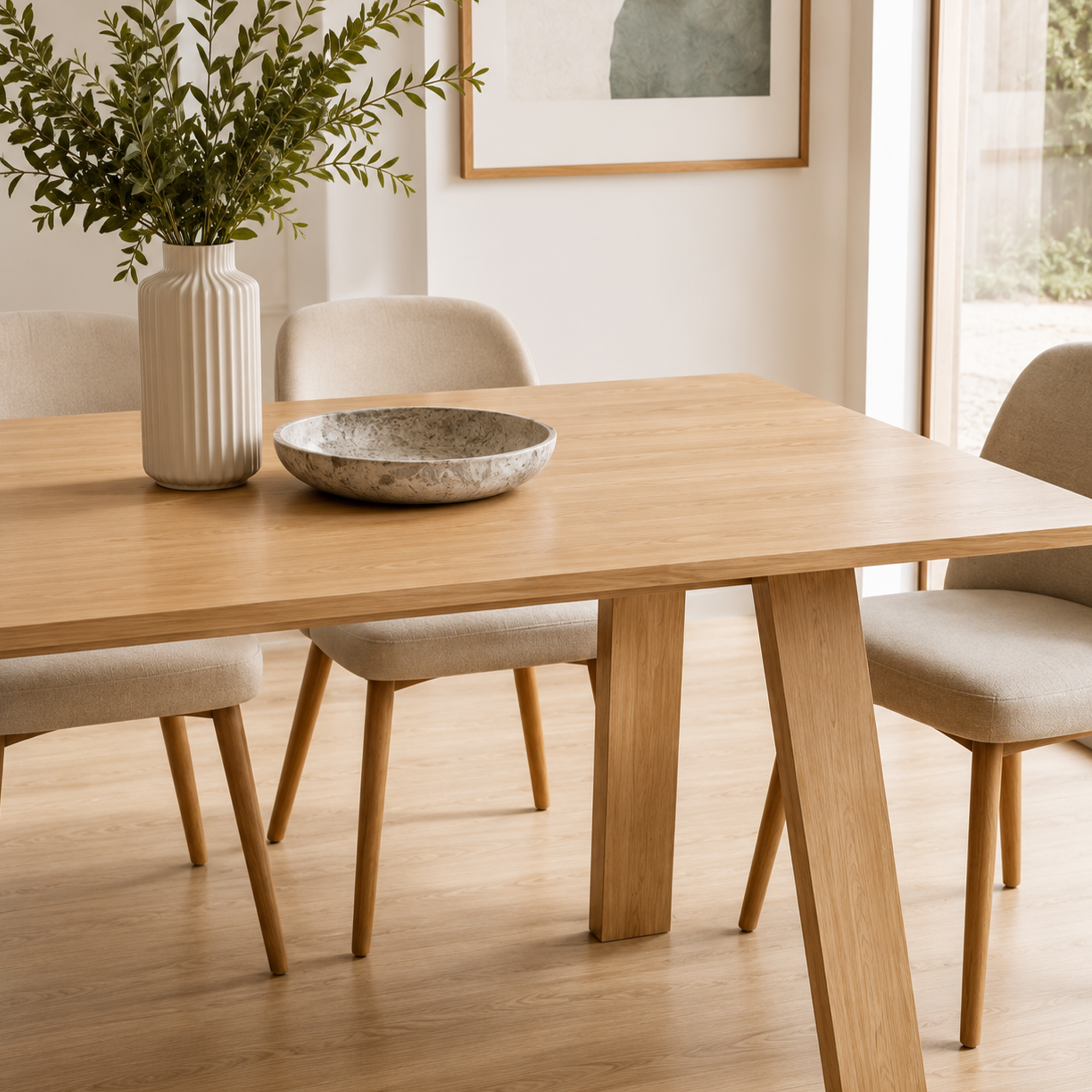 Close-up of the Florø oak tabletop edge with dining chairs