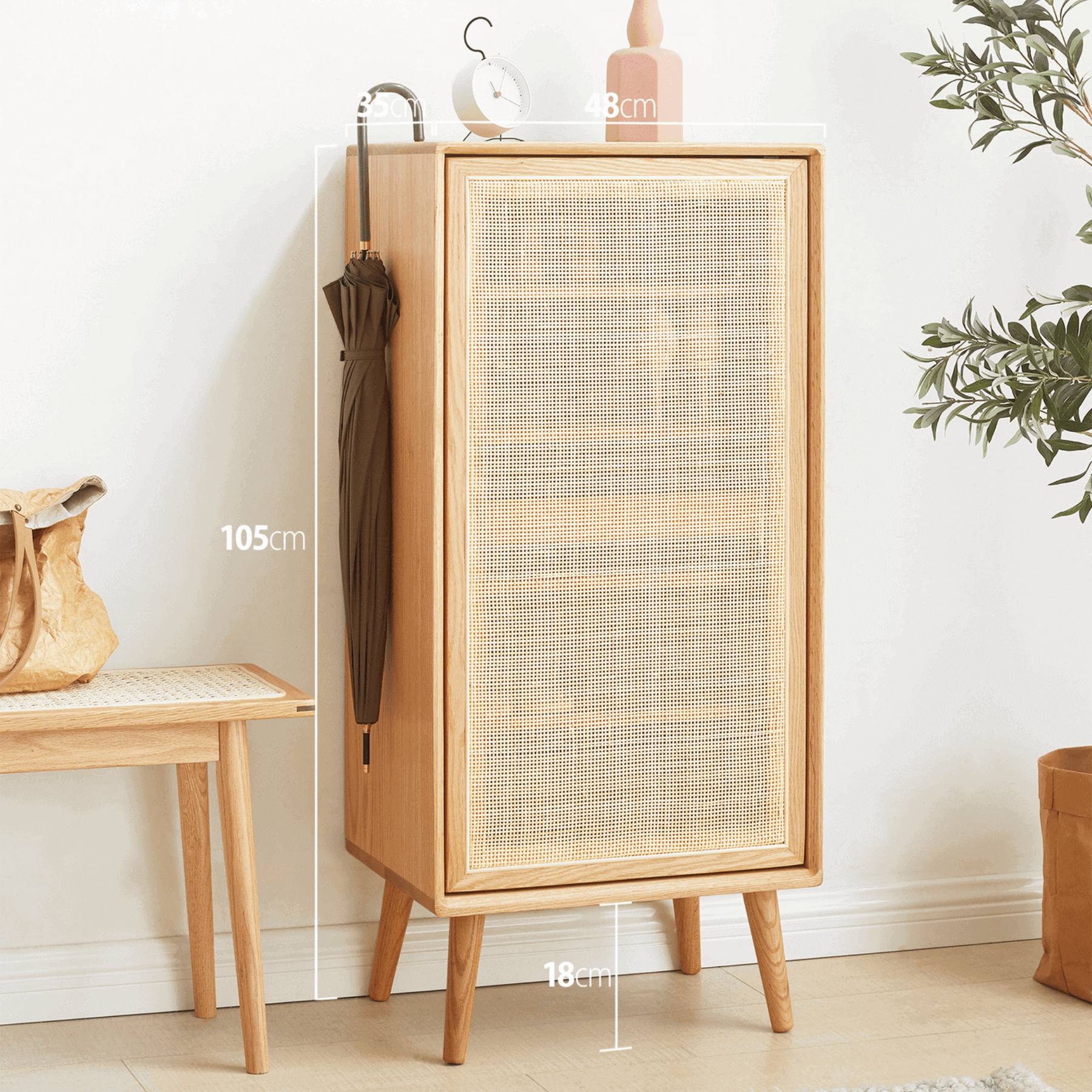 Reine Solid Oak Wood and Rattan Shoe Cabinet
