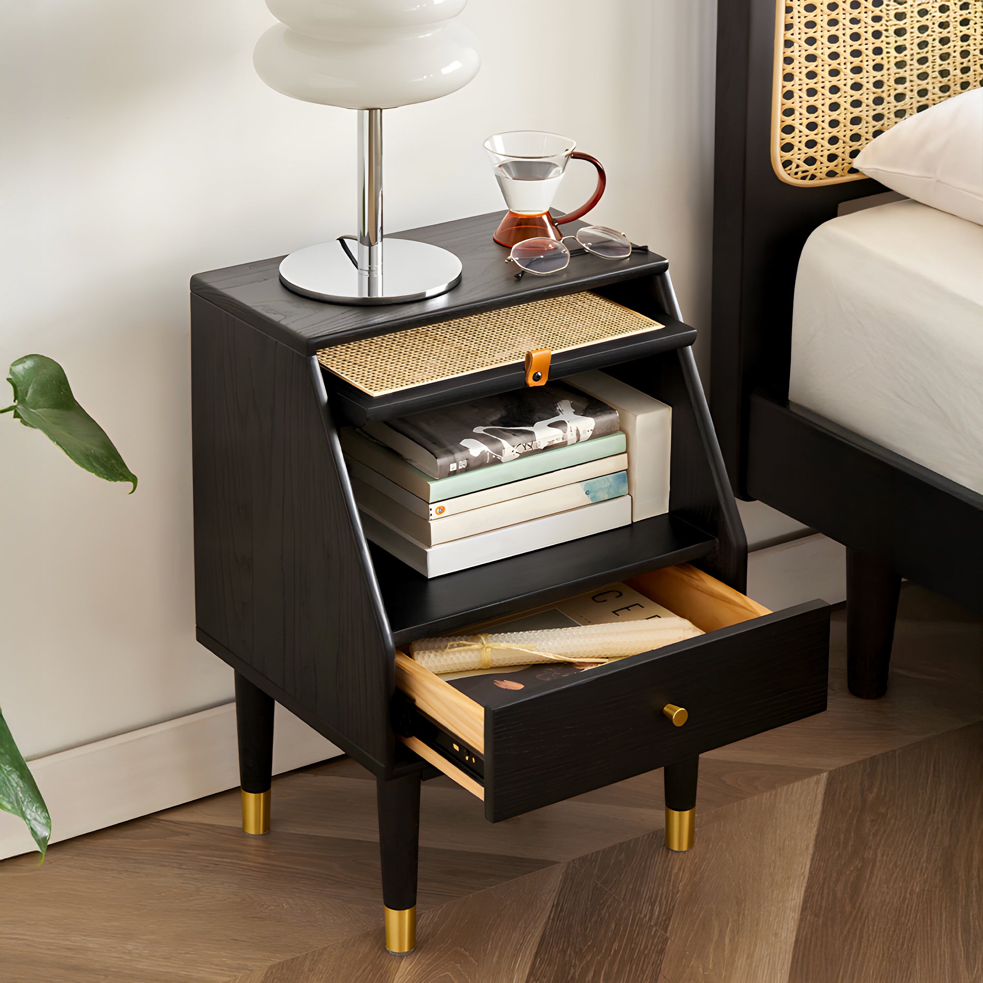 Skagen Black Solid Oak Wood Bedside Table