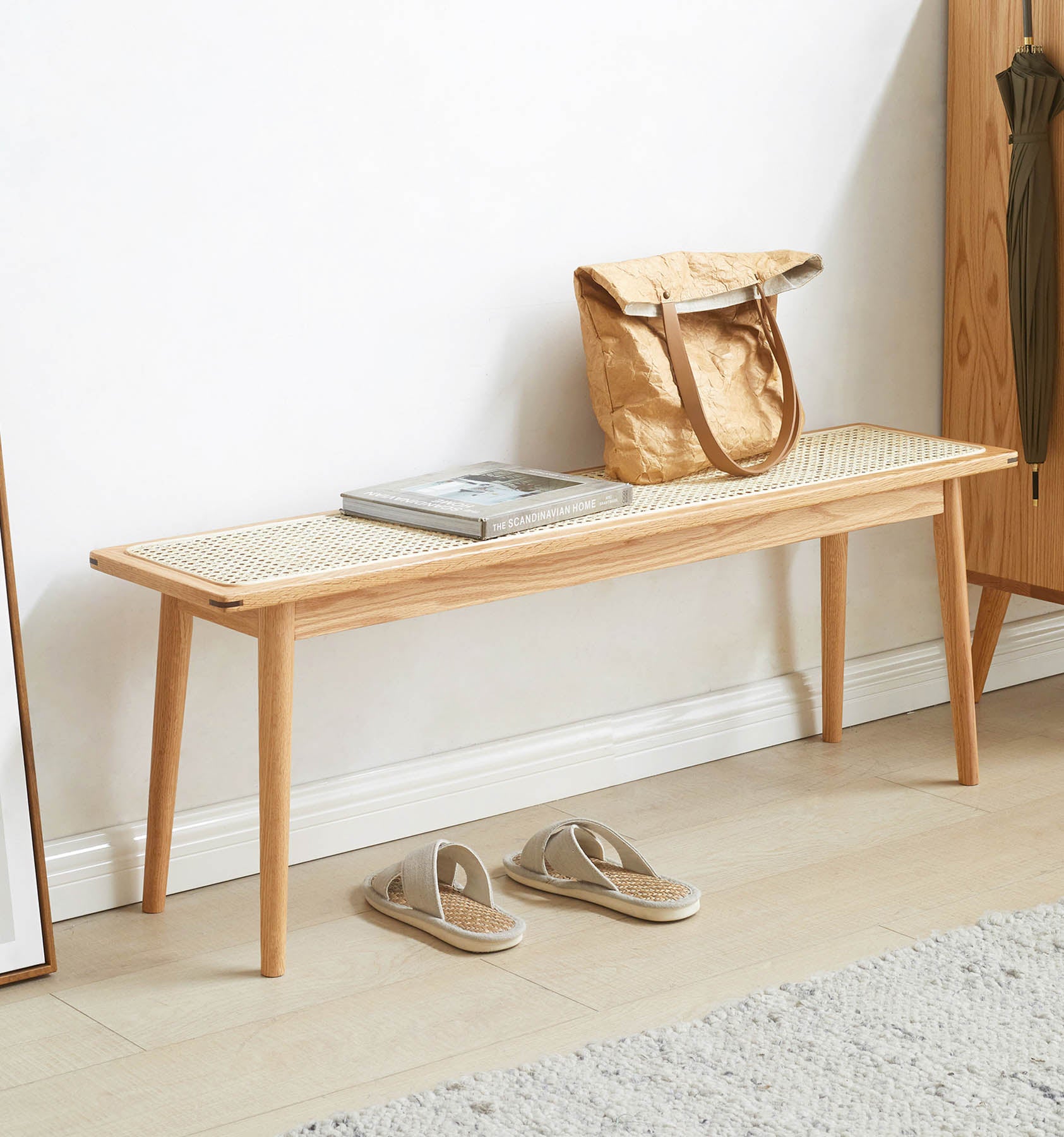 Lien Solid Oak Wood & Rattan Ottoman Bench