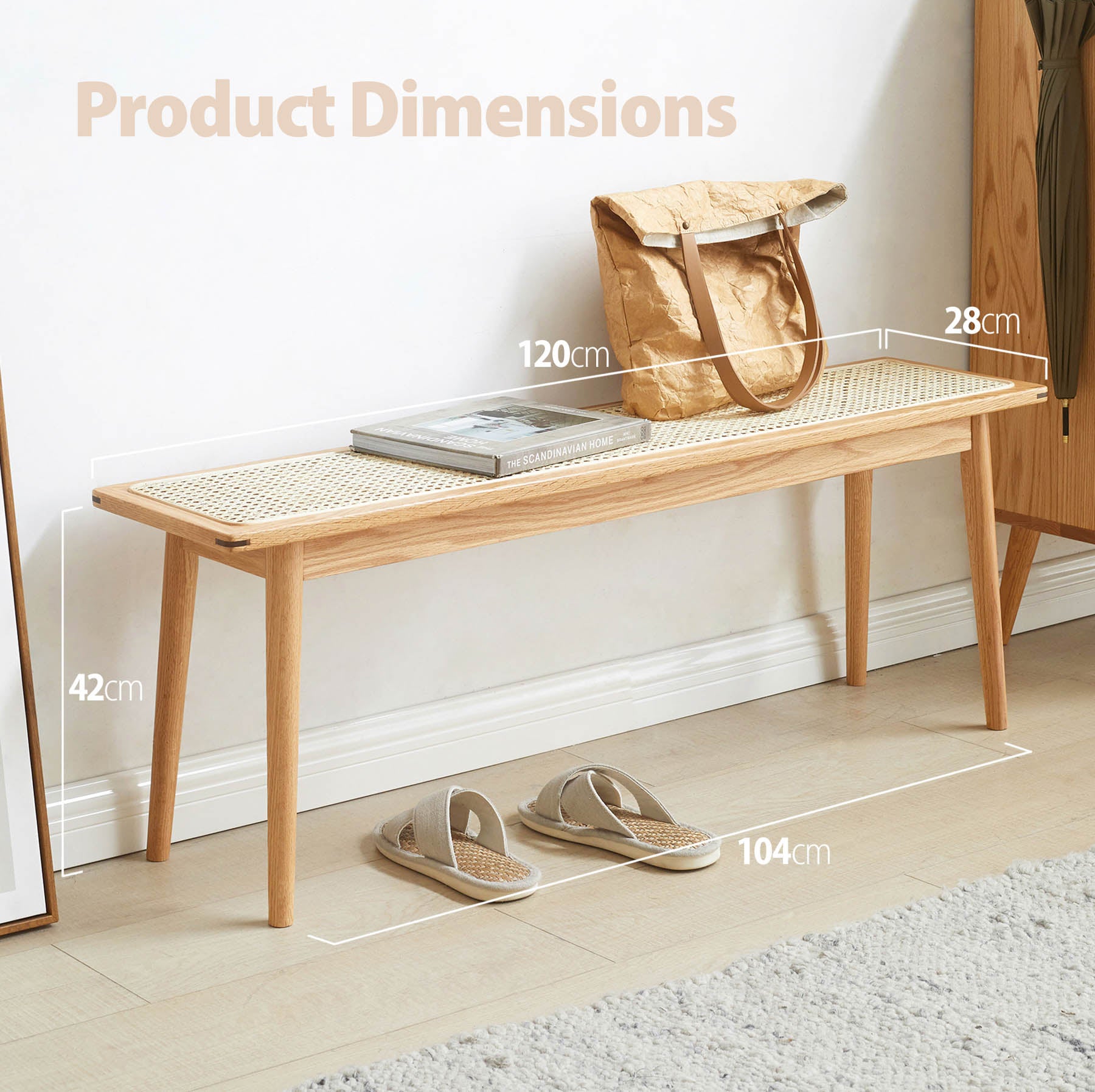 Lien Solid Oak Wood & Rattan Ottoman Bench