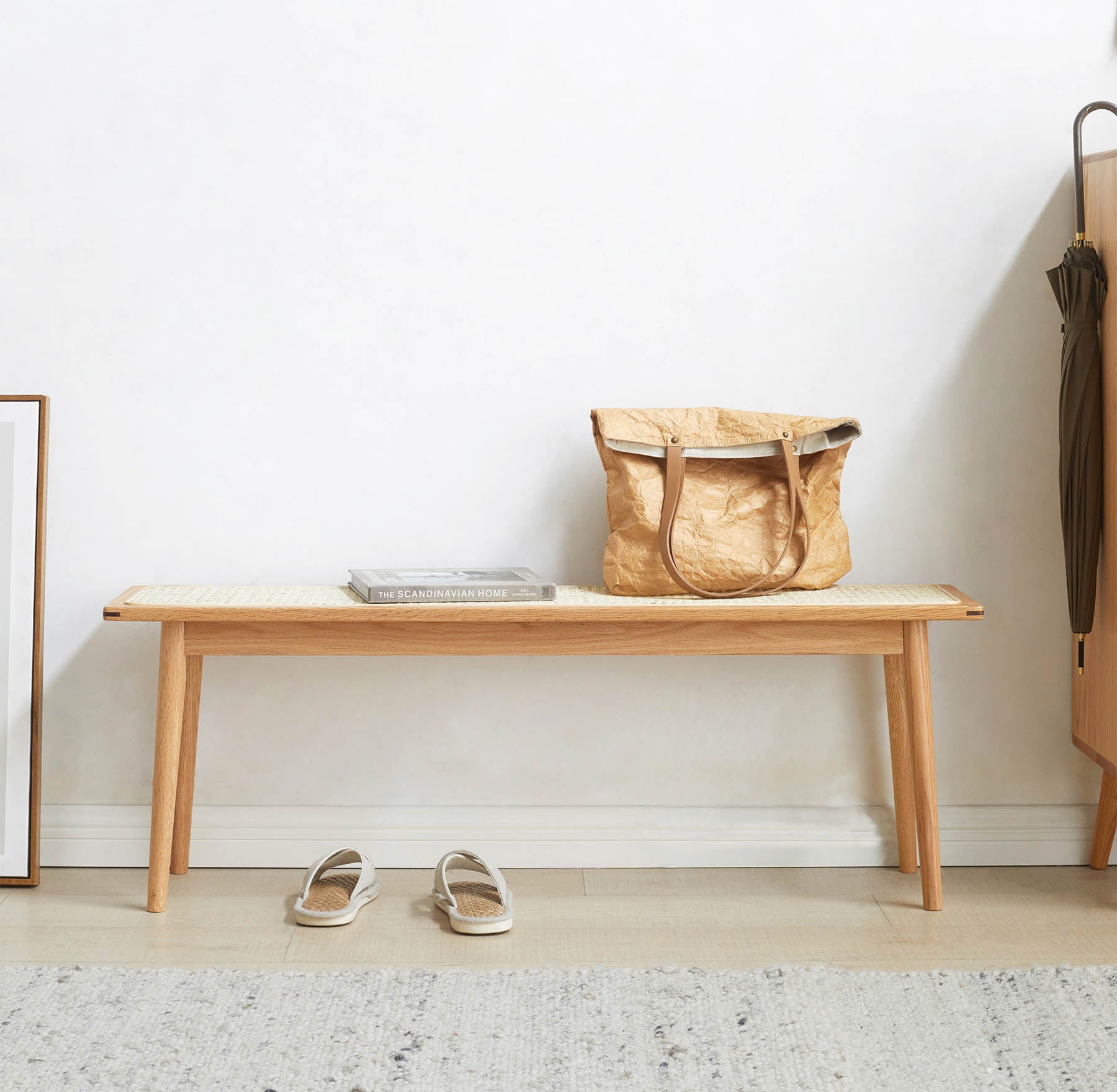 Lien Solid Oak Wood & Rattan Ottoman Bench
