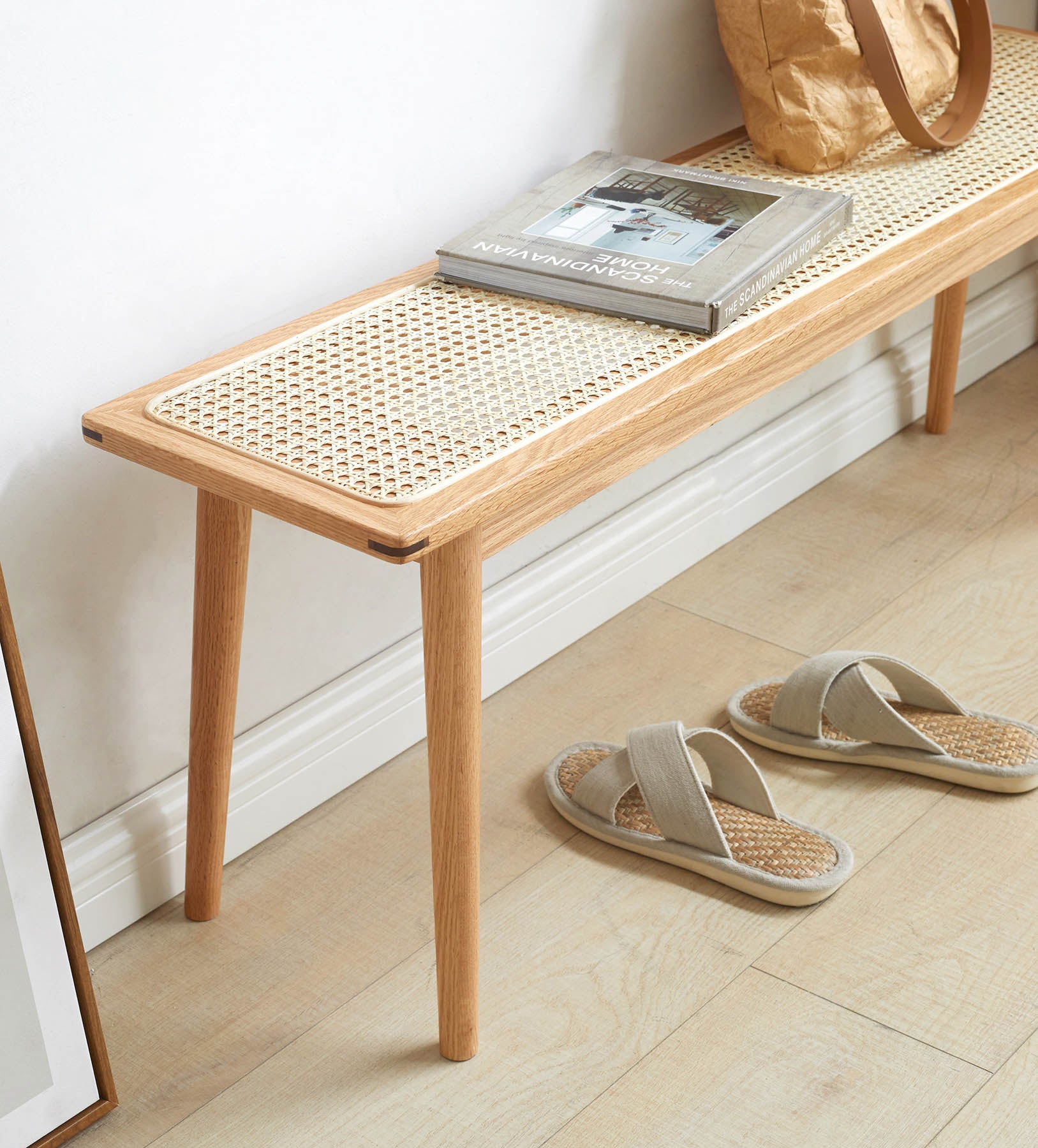 Lien Solid Oak Wood & Rattan Ottoman Bench