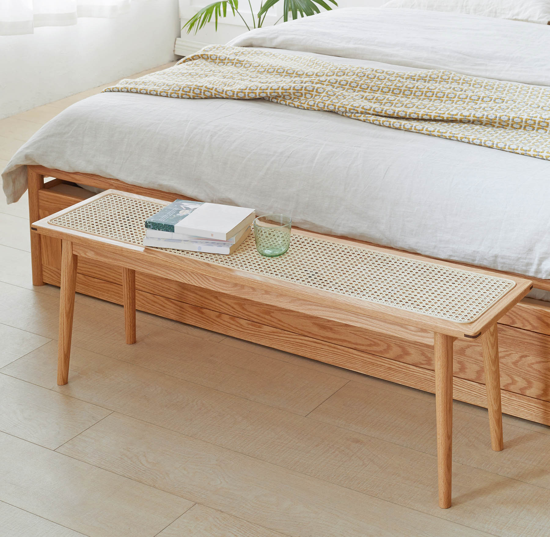 Lien Solid Oak Wood & Rattan Ottoman Bench