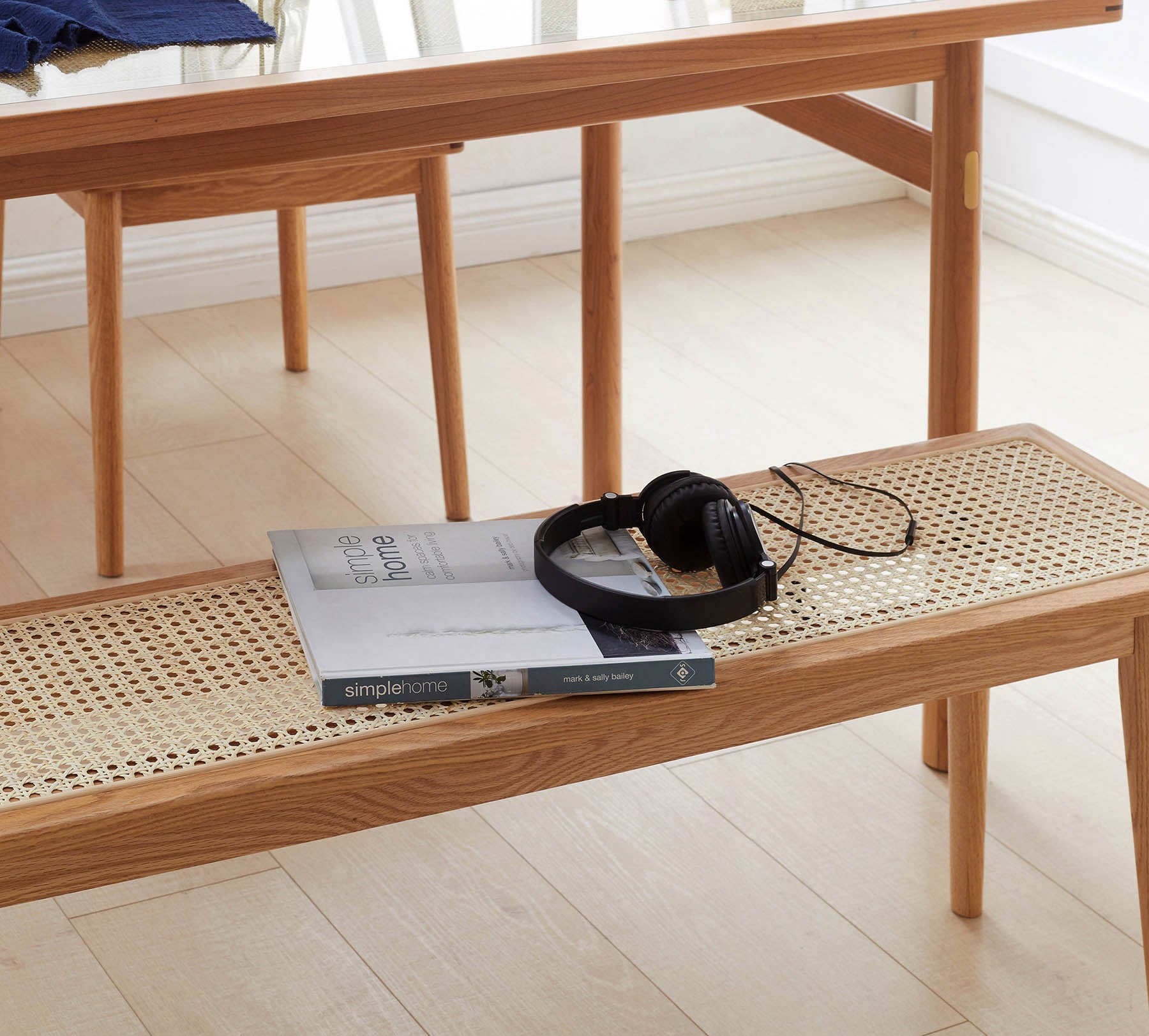 Lien Solid Oak Wood & Rattan Ottoman Bench