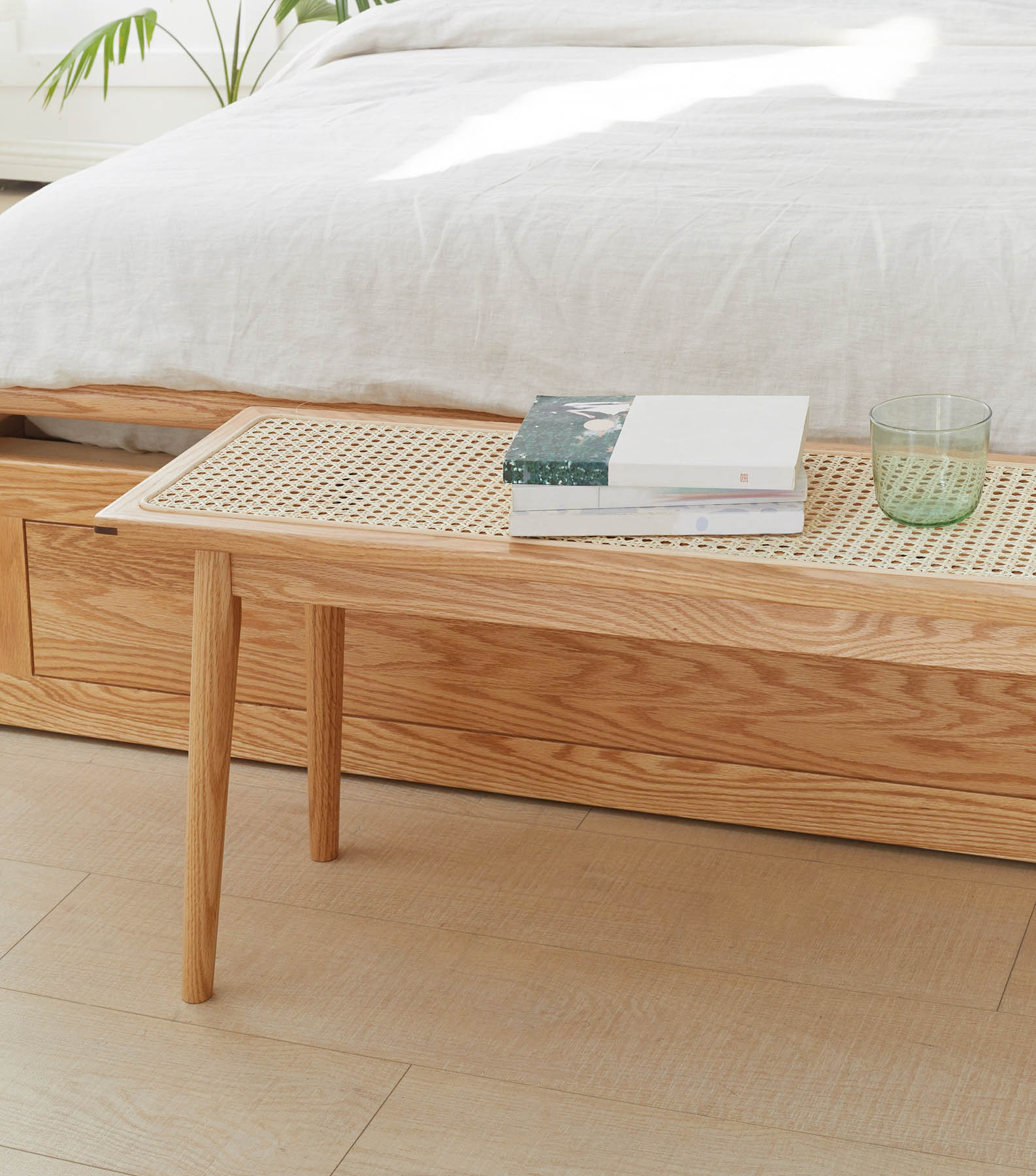 Lien Solid Oak Wood & Rattan Ottoman Bench
