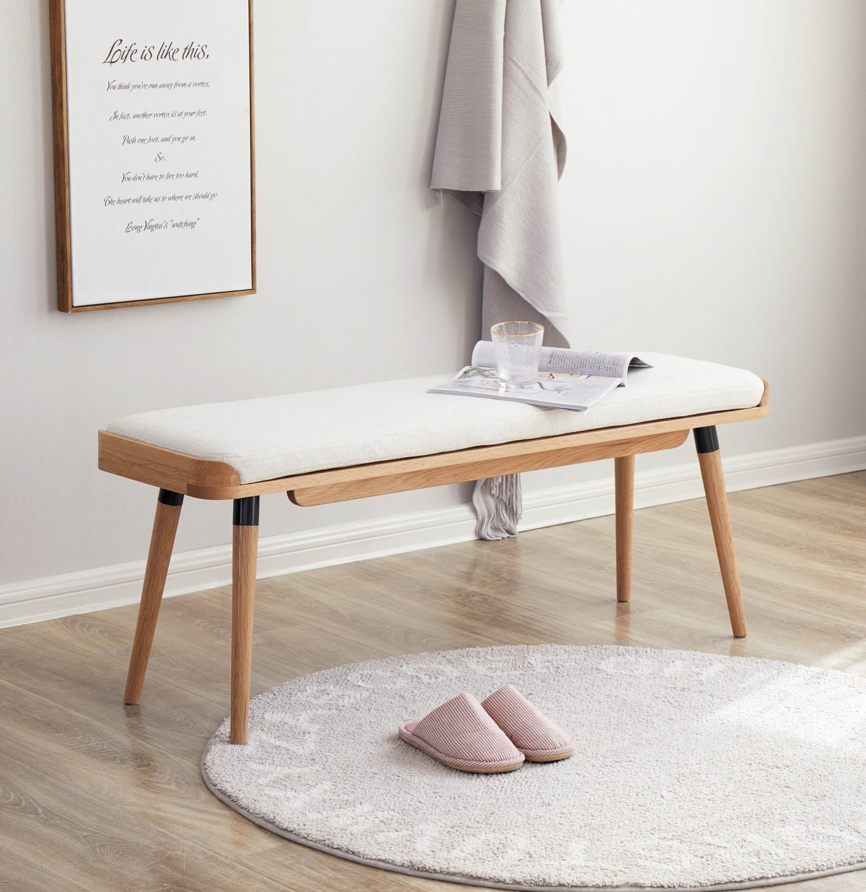 Stranden Solid Oak Upholstered Ottoman Bench