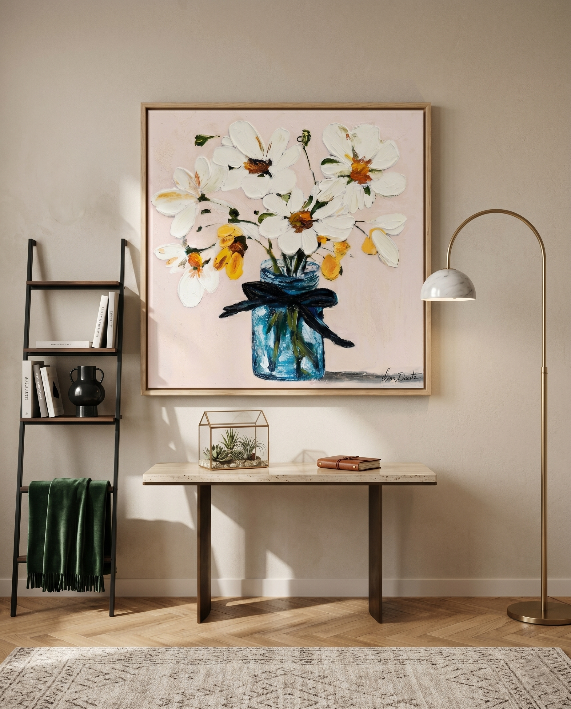 Azure Serenity | Elena Duarte Original Impasto Floral Oil Painting - White Flowers in Blue Vase