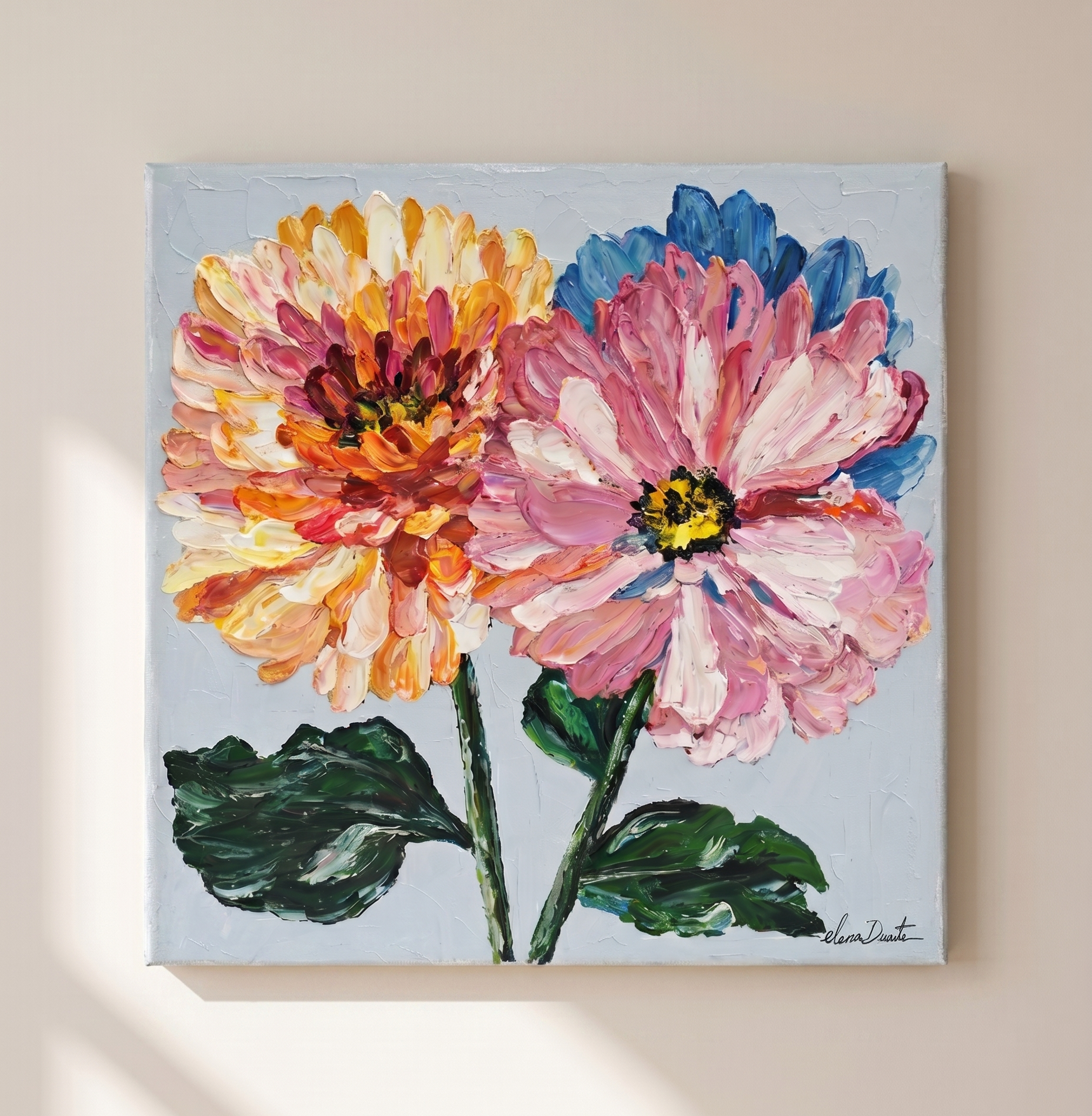 Close-up of Elena Duarte signature on original impasto floral oil painting Radiant Duo