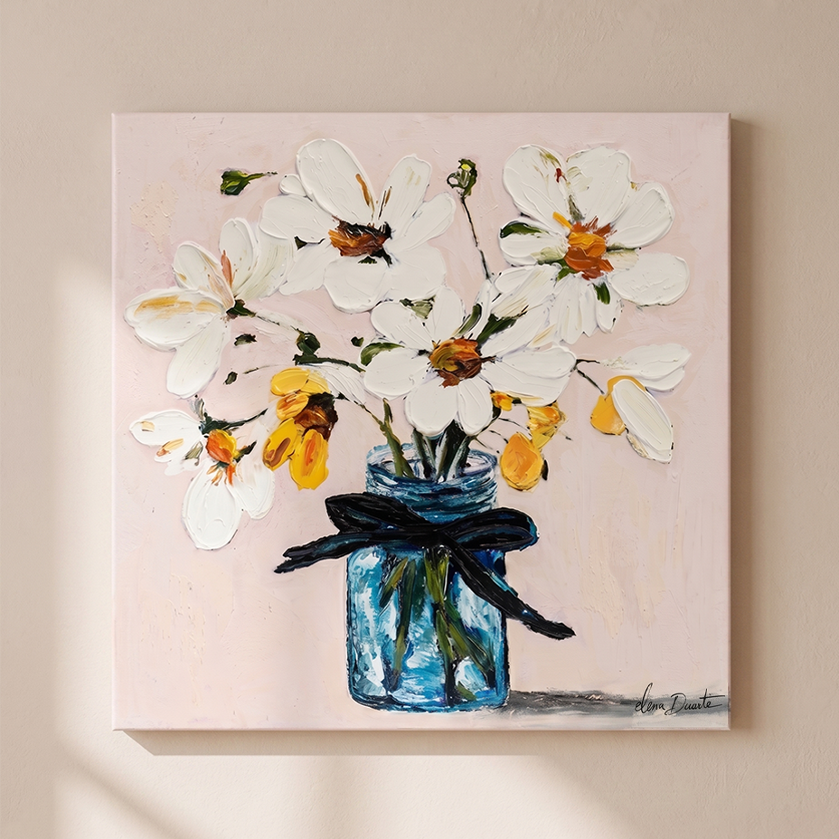 Azure Serenity | Elena Duarte Original Impasto Floral Oil Painting - White Flowers in Blue Vase