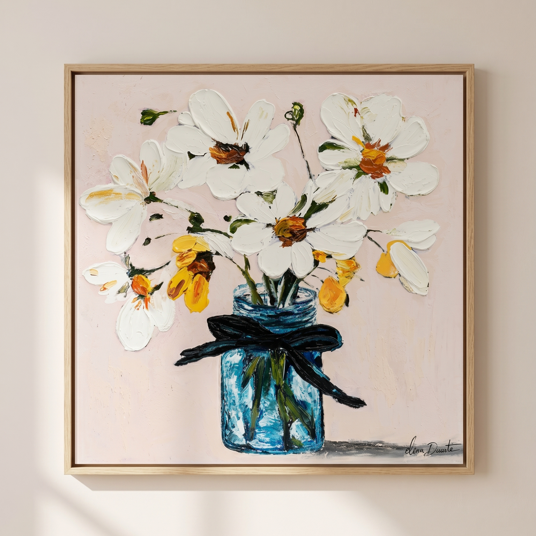 Azure Serenity | Elena Duarte Original Impasto Floral Oil Painting - White Flowers in Blue Vase