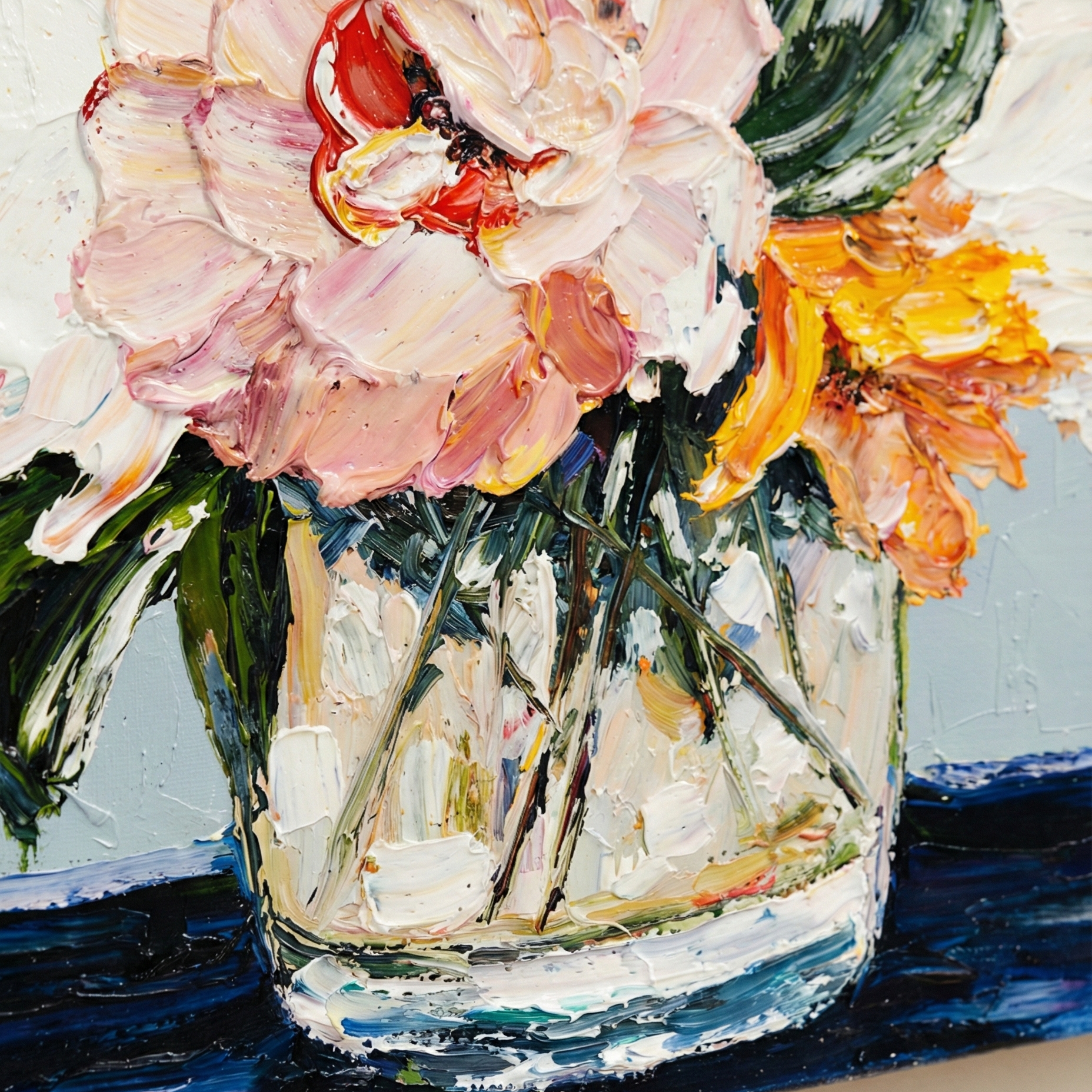 Close-up of sculptural palette knife oil paint texture on Elena Duarte art