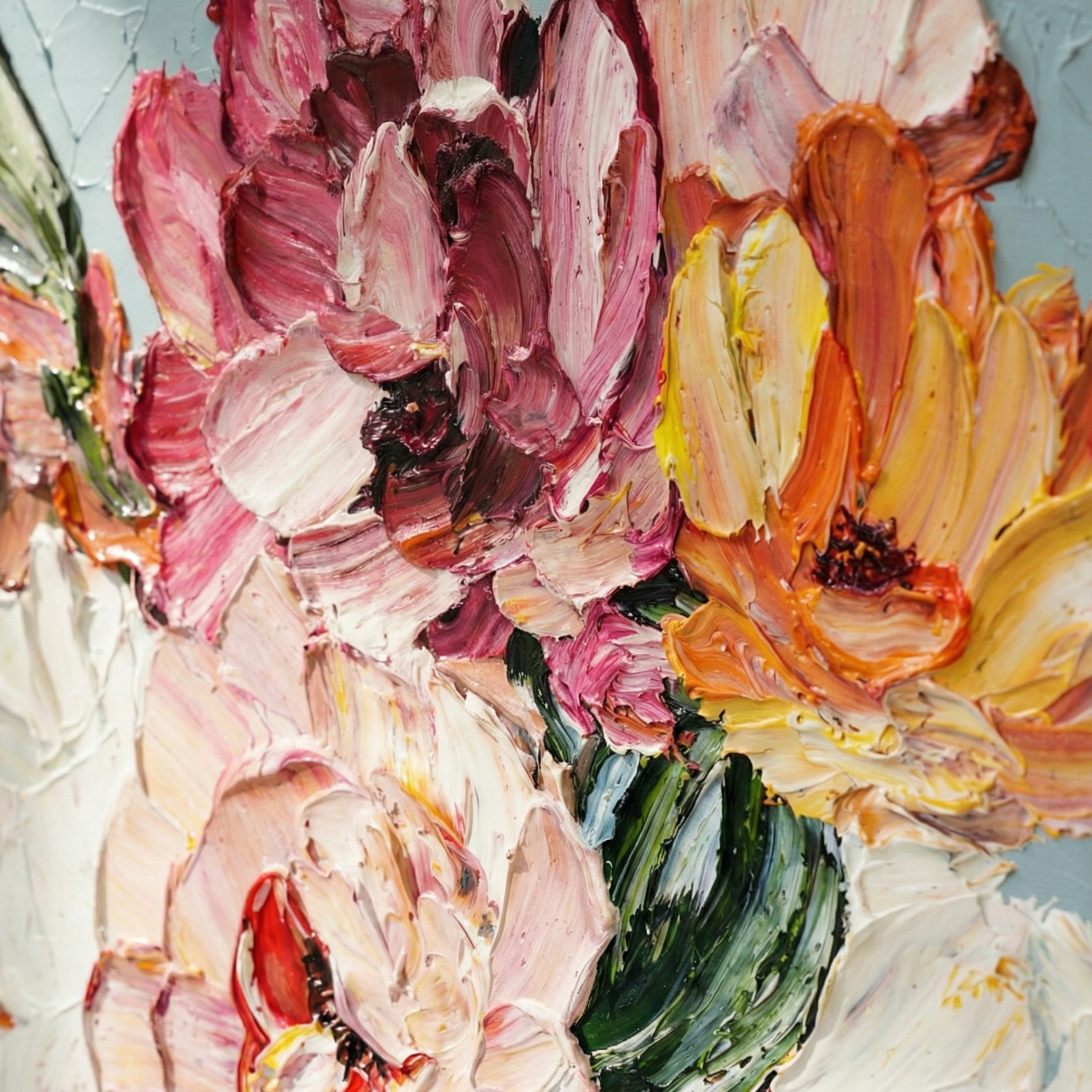 Close-up of sculptural palette knife oil paint texture on Elena Duarte art