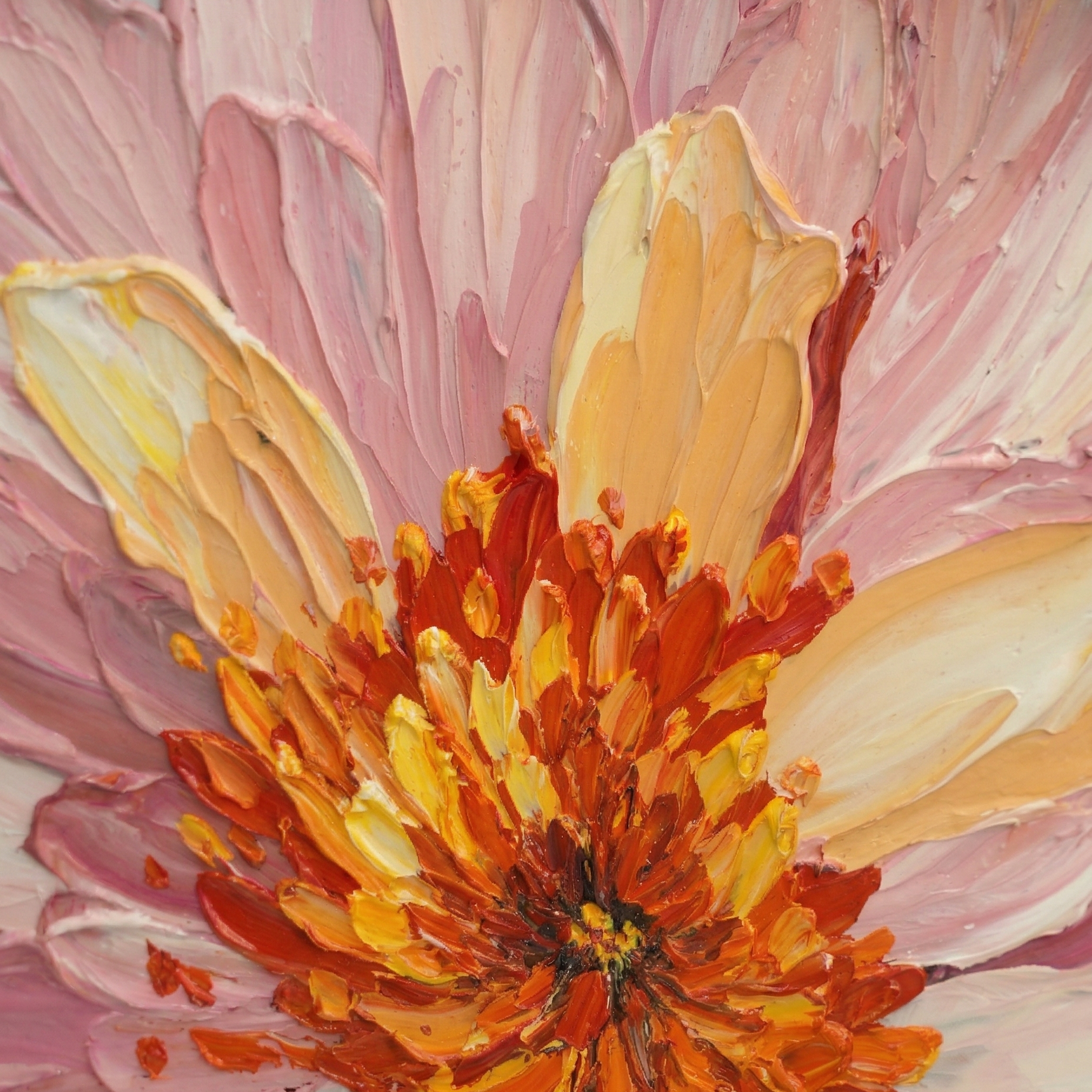 Close-up detail of impasto palette knife texture on Elena Duarte oil painting