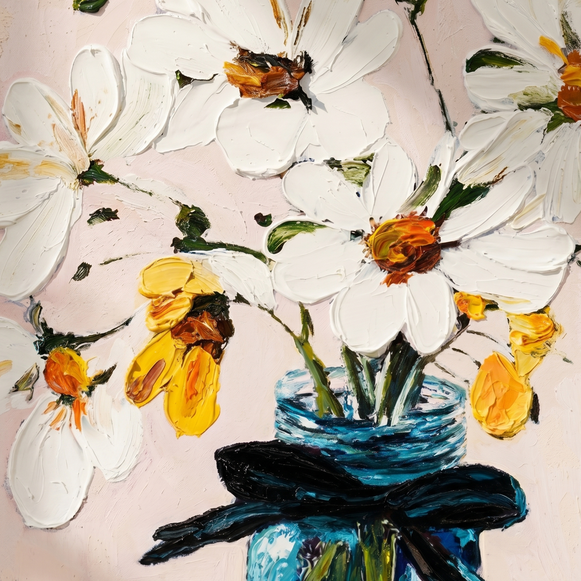 Azure Serenity | Elena Duarte Original Impasto Floral Oil Painting - White Flowers in Blue Vase