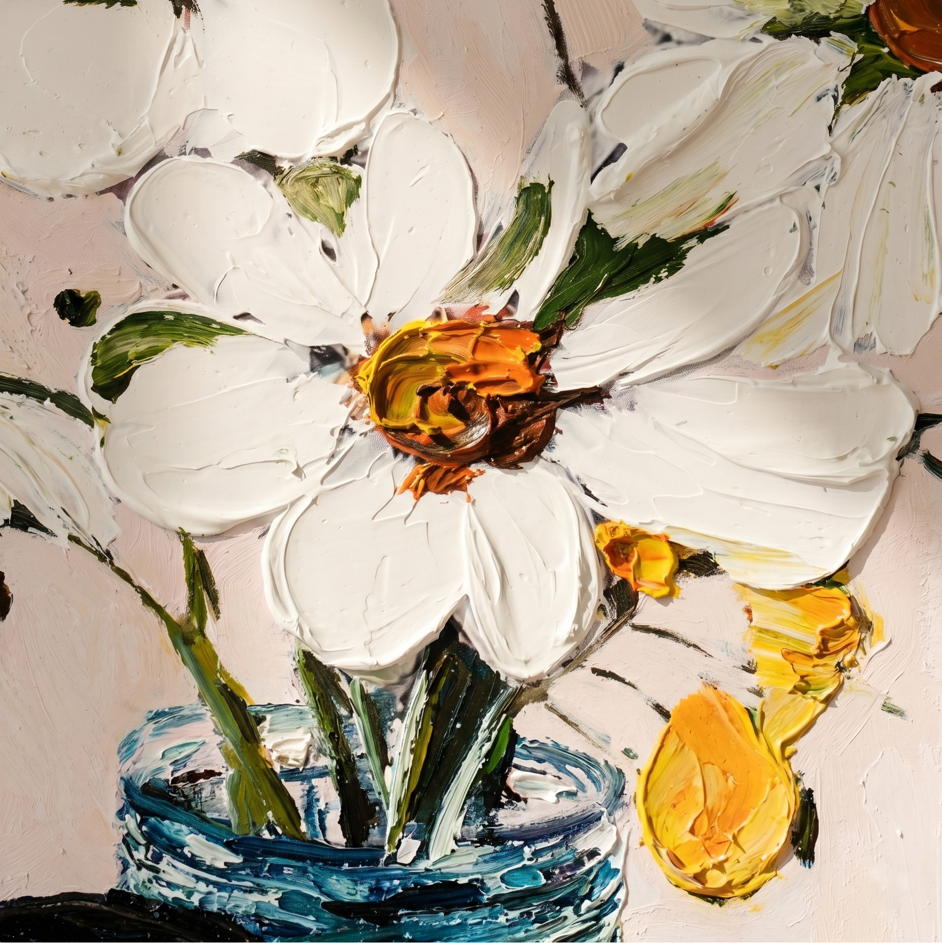 Azure Serenity | Elena Duarte Original Impasto Floral Oil Painting - White Flowers in Blue Vase