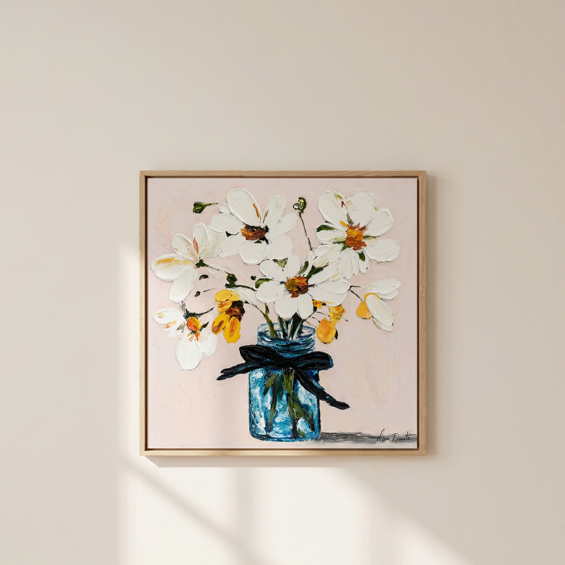 Azure Serenity | Elena Duarte Original Impasto Floral Oil Painting - White Flowers in Blue Vase