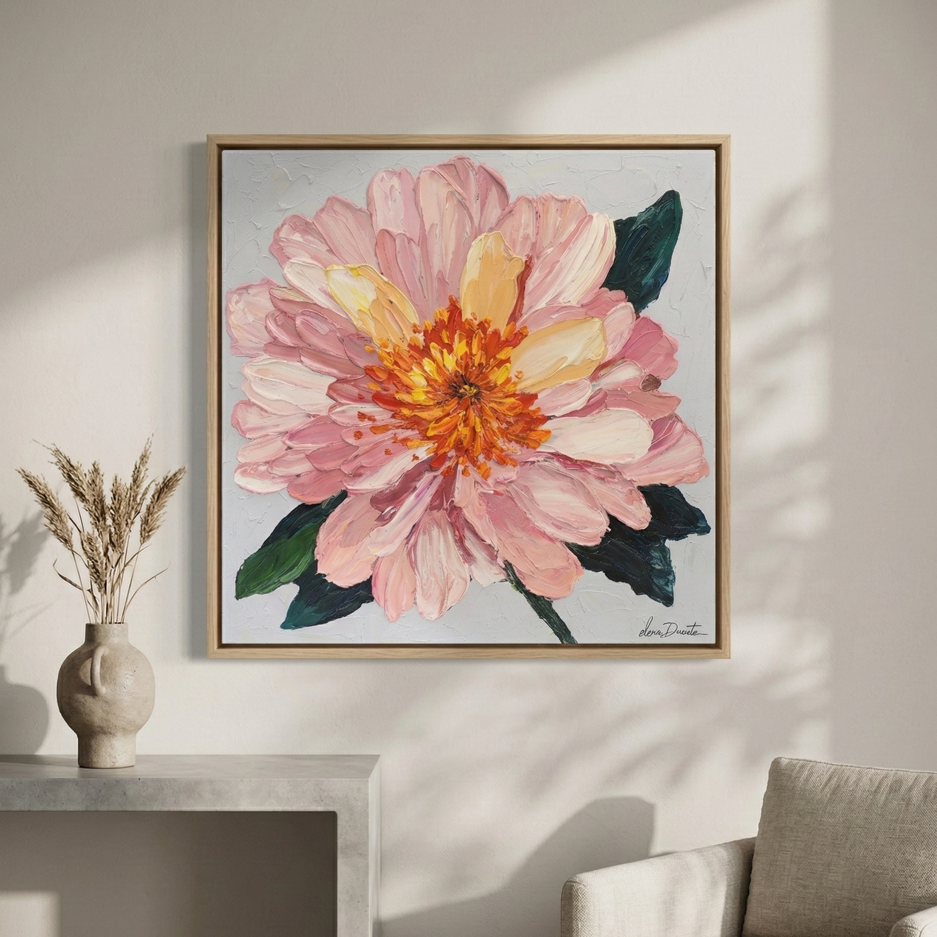 Modern living room interior with Elena Duarte Soft Bloom artwork - Nick and Noma Furniture