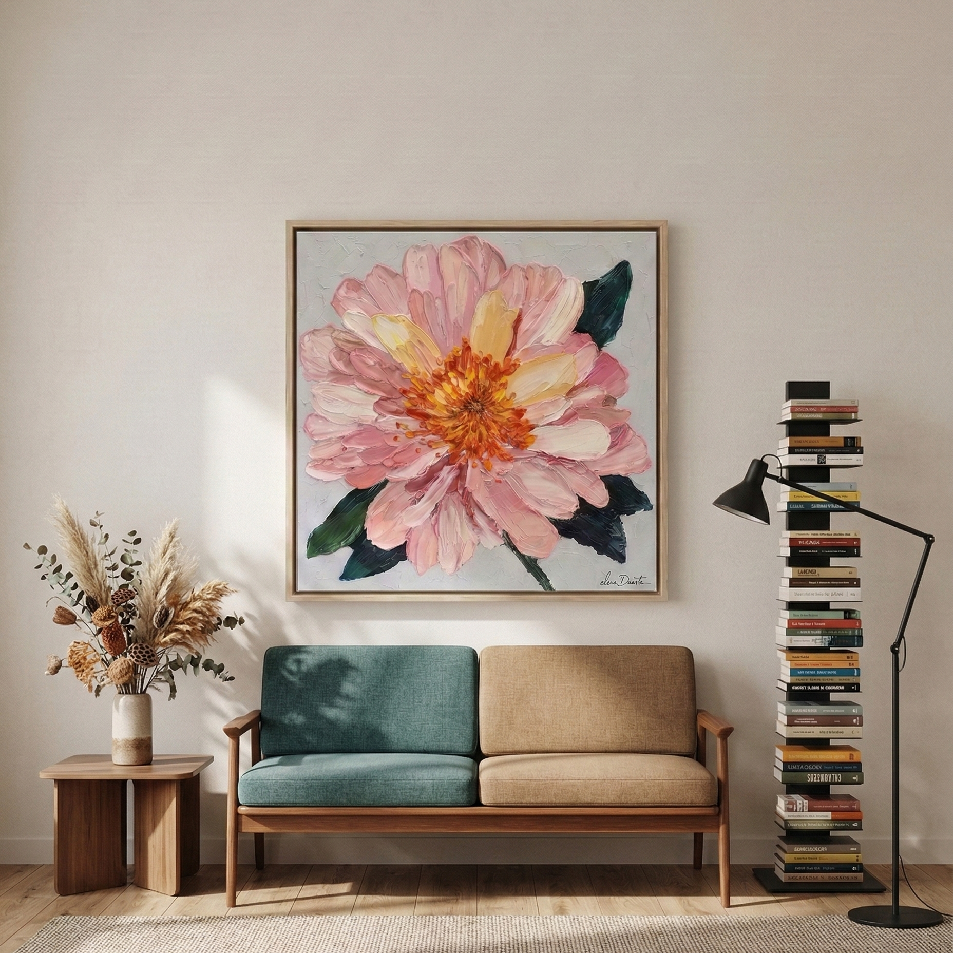 Modern living room interior with Elena Duarte Soft Bloom artwork - Nick and Noma Furniture