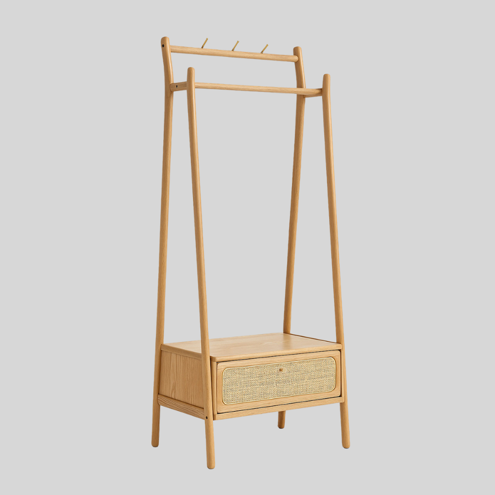 Farsund Solid Oak Garment Stand with Rattan Drawer