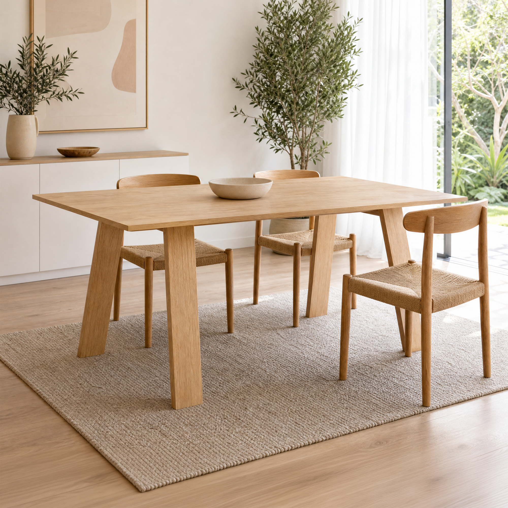 Florø oak dining table with chairs on a neutral rug