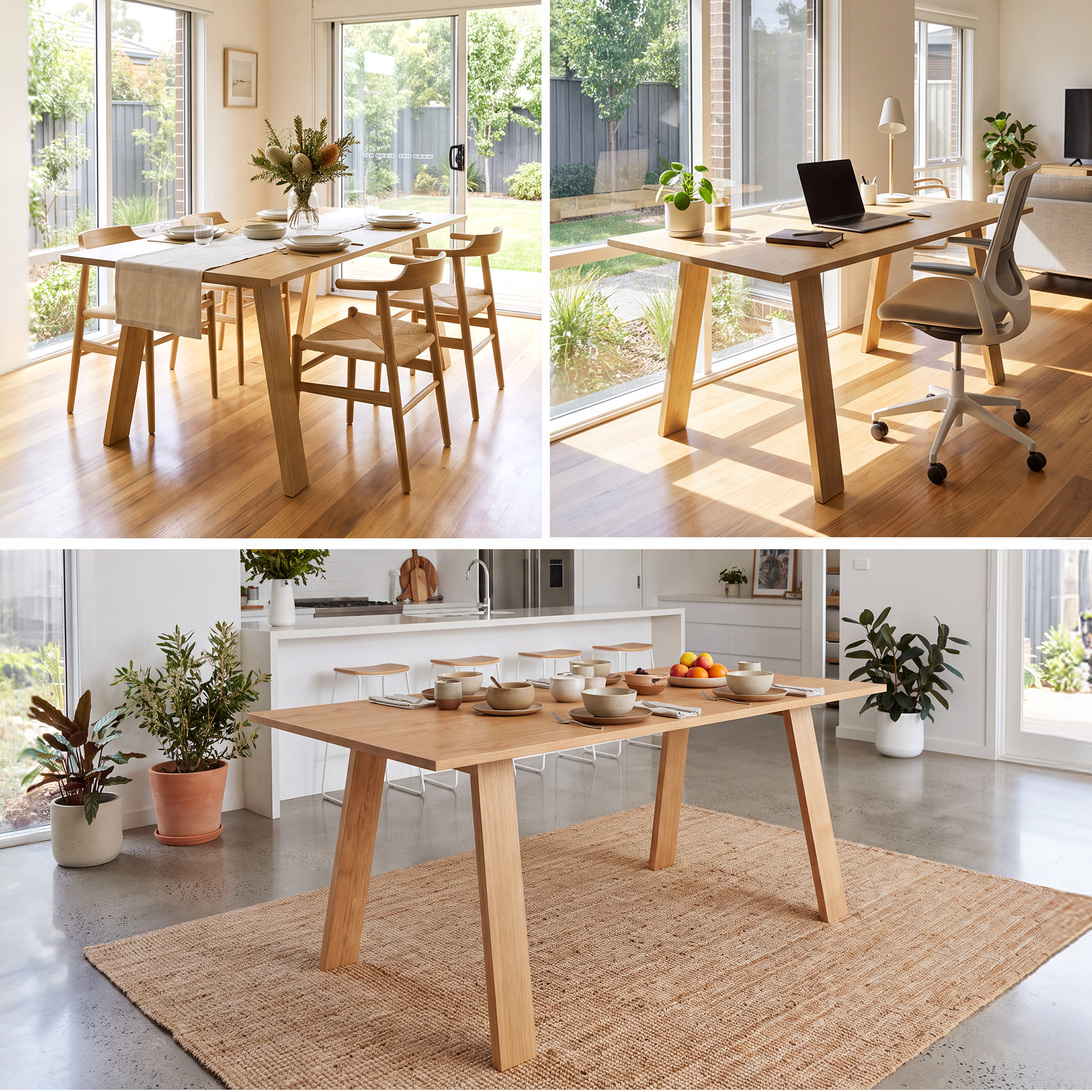 Florø dining table shown in three dining and office settings