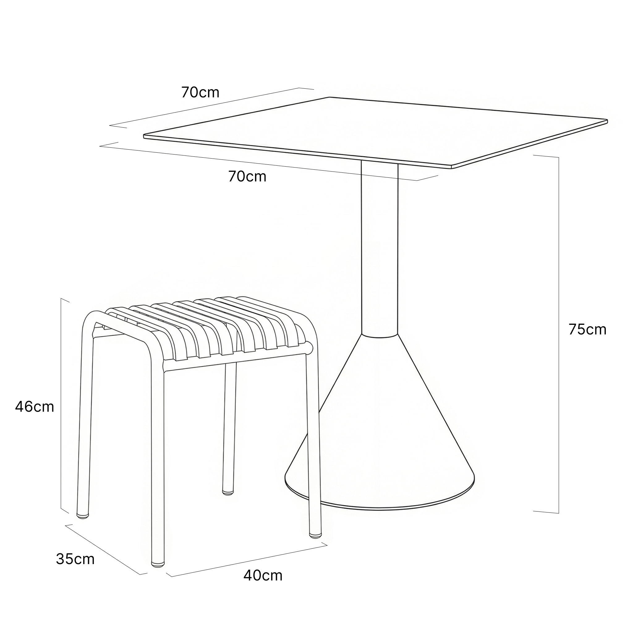 Ishøj Replica Hay Palissade Cone Table & 2 Low Stools Set